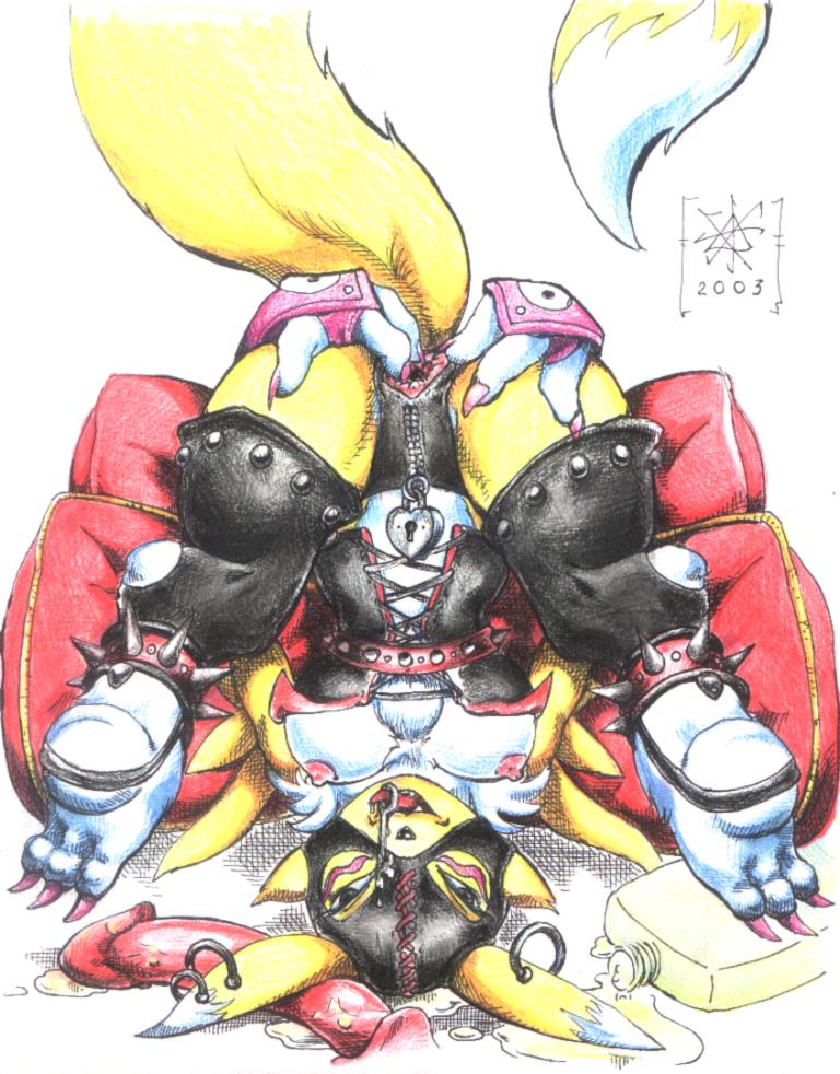 2003 anthro breasts clothes color digimon female female_only front_view fur furry masturbation renamon sawblade_(artist) solo tagme upside-down vulva