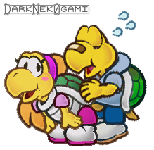 1boy 1girls bandage blonde_hair closed_eyes clothed clothed_sex clothing darknek0gami female koopa koopa_troopa koopie_koo koops male mario_(series) nintendo open_mouth paper_mario shell shoes smooth_skin sprite_art tail white_background yellow_skin