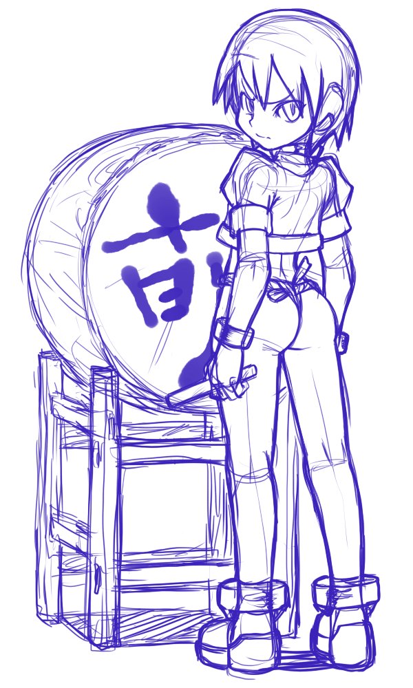 aile angry ass drum from_behind fundoshi instrument loincloth looking_back mega_man mega_man_zx monochrome shigehiro_(artist) short_hair sketch solo taiko_drum yamakasa