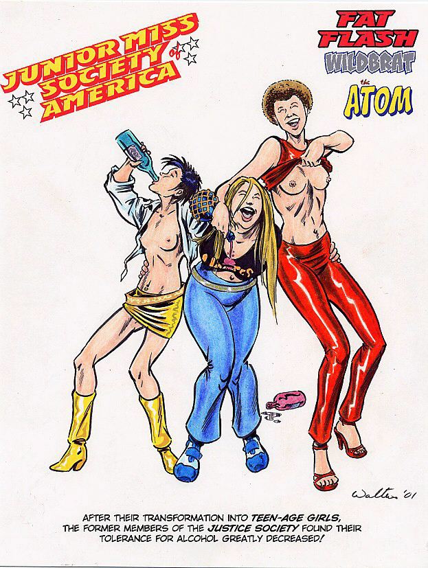 2001 3girls adam_walters dc dc_comics drunk exposed_breasts female female_focus female_only flashing gender_transformation genderswap genderswap_(mtf) human human_only justice_society_of_america light-skinned_female light_skin multiple_girls rule_63 tebra ted_grant the_atom the_flash wildcat_(dc)