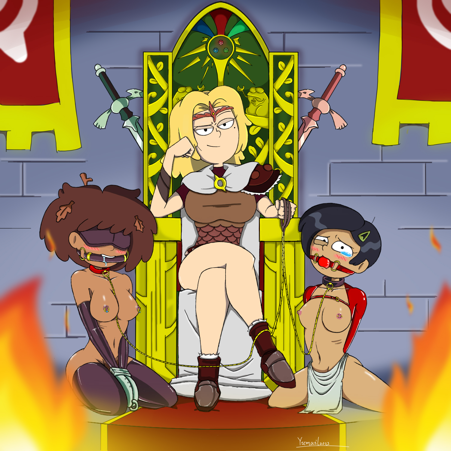 3girls, amphibia, anne boonchuy, armbinder, asian female, ball gag, bite gag, black hair, blindfold, blonde female, bondage, bound, brown hair, chain, chain leash, chained, chains, collar, dark skin, dark-skinned female, disney, disney channel, dominant, dominant female, domination, dominatrix, female, female only, femdom, femsub, gag, gagged, leash, leash and collar, light skin, light-skinned female, long hair, marcy wu, multiple females, multiple girls, sasha waybright, slave, straight hair, submissive, taiwanese, thai, throne, white female, yumail, yuri