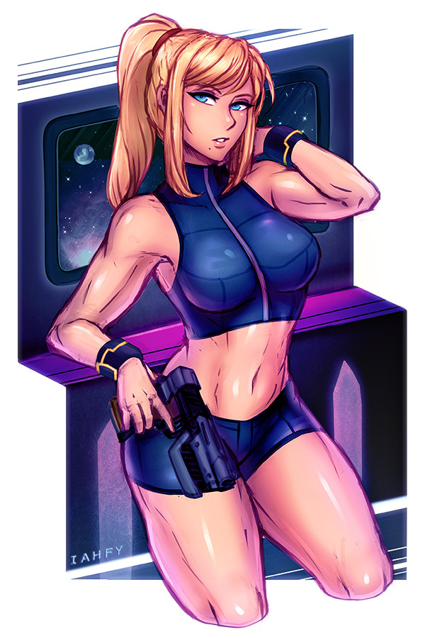 abs, bedroom eyes, blonde hair, blue eyes, bracelet, breasts, casual outfit (metroid), female, female only, iahfy, metroid, midriff, mole, muscles, muscular, muscular female, navel, nintendo, samus aran, short shorts, shorts, solo, sports bra, weapon, zipper