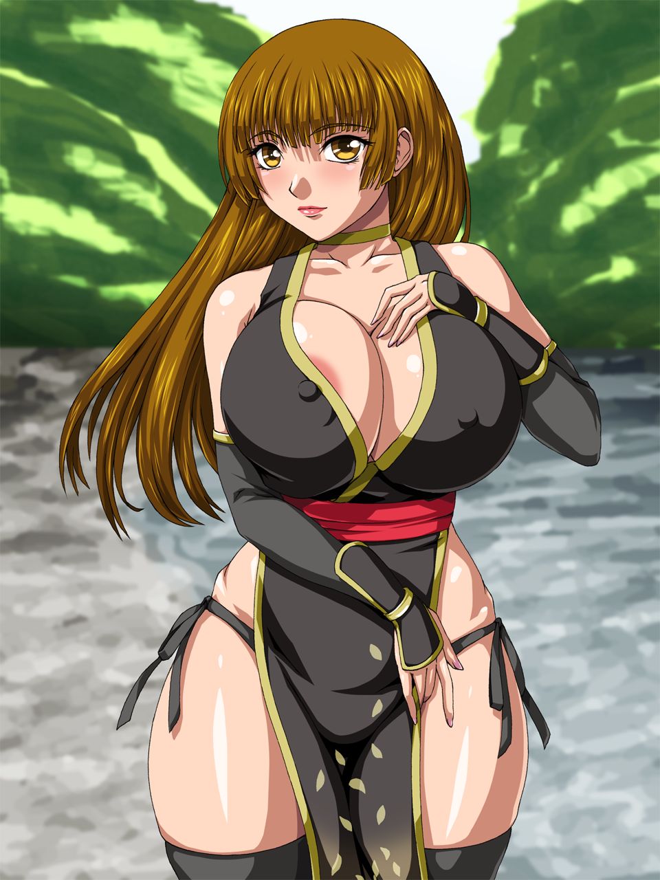 breasts brown_eyes brown_hair cleavage dead_or_alive erect_nipples female huge_breasts kasumi_(doa) kunoichi large_breasts long_hair no_bra no_panties revealing_clothes solo tagme water_beryl