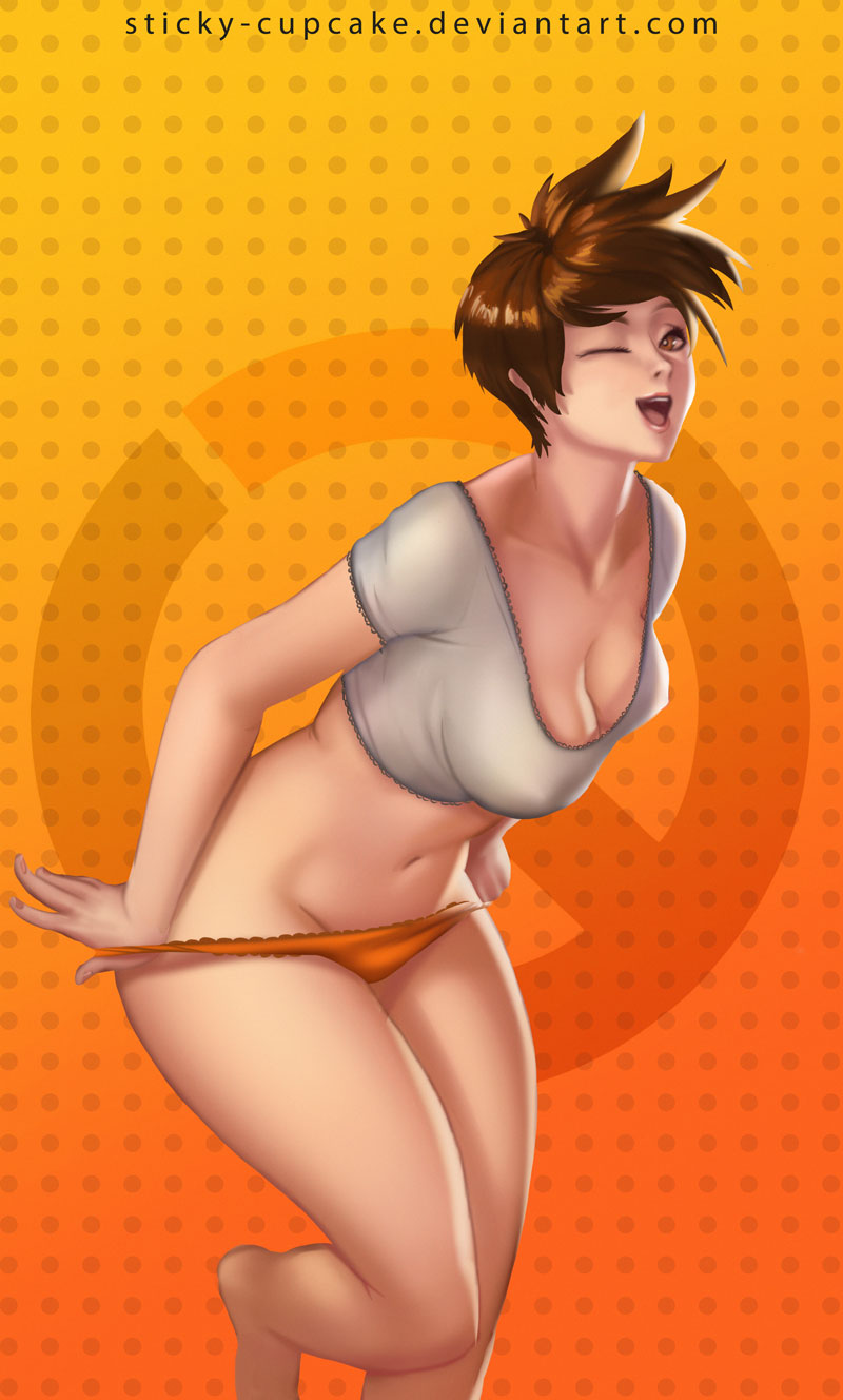 big_breasts blizzard_entertainment cleavage curvy deviantart_username erect_nipples overwatch short_hair sticky-cupcake tracer wide_hips wink