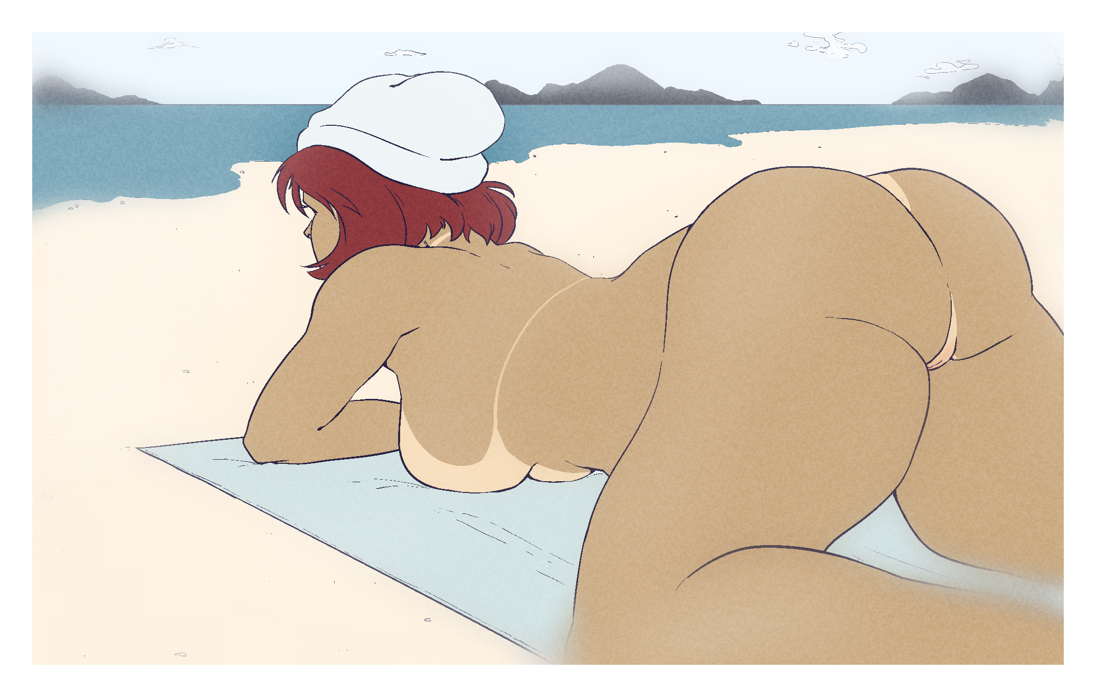 ass, azy (character), beach, beanie, breasts, dark skin, dark-skinned female, female, female only, grand theft auto, grand theft auto v, huge ass, human, medium breasts, okorumegane, outdoors, pinup, pussy, red hair, solo, tanlines