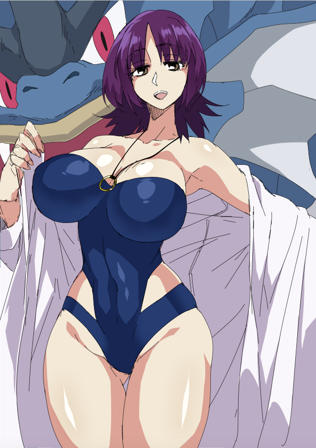 1girls 2018 abs armpits belly breasts brown_eyes busty cleavage curvaceous female female_only gyarados huge_breasts human human_only idunanie labcoat large_breasts navel necklace nintendo pale-skinned_female pale_skin philena_ivy pokemon pokemon_professor pokemon_rgby purple_hair red_eyes short_hair size_difference smile solo_focus swimsuit thigh_gap wide_hips