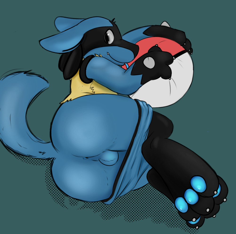 1boy anthro anus ass ball black_fur blue_fur blue_pawpads claws clothing exposed fur furry knox_(artist) looking_back lucario male male_only nintendo pawpads pinup pokemon pokemon_(species) pokemon_dppt pose raised_tail shorts smile solo spikes testicles thick_thighs toe_claws video_games wide_hips yellow_fur