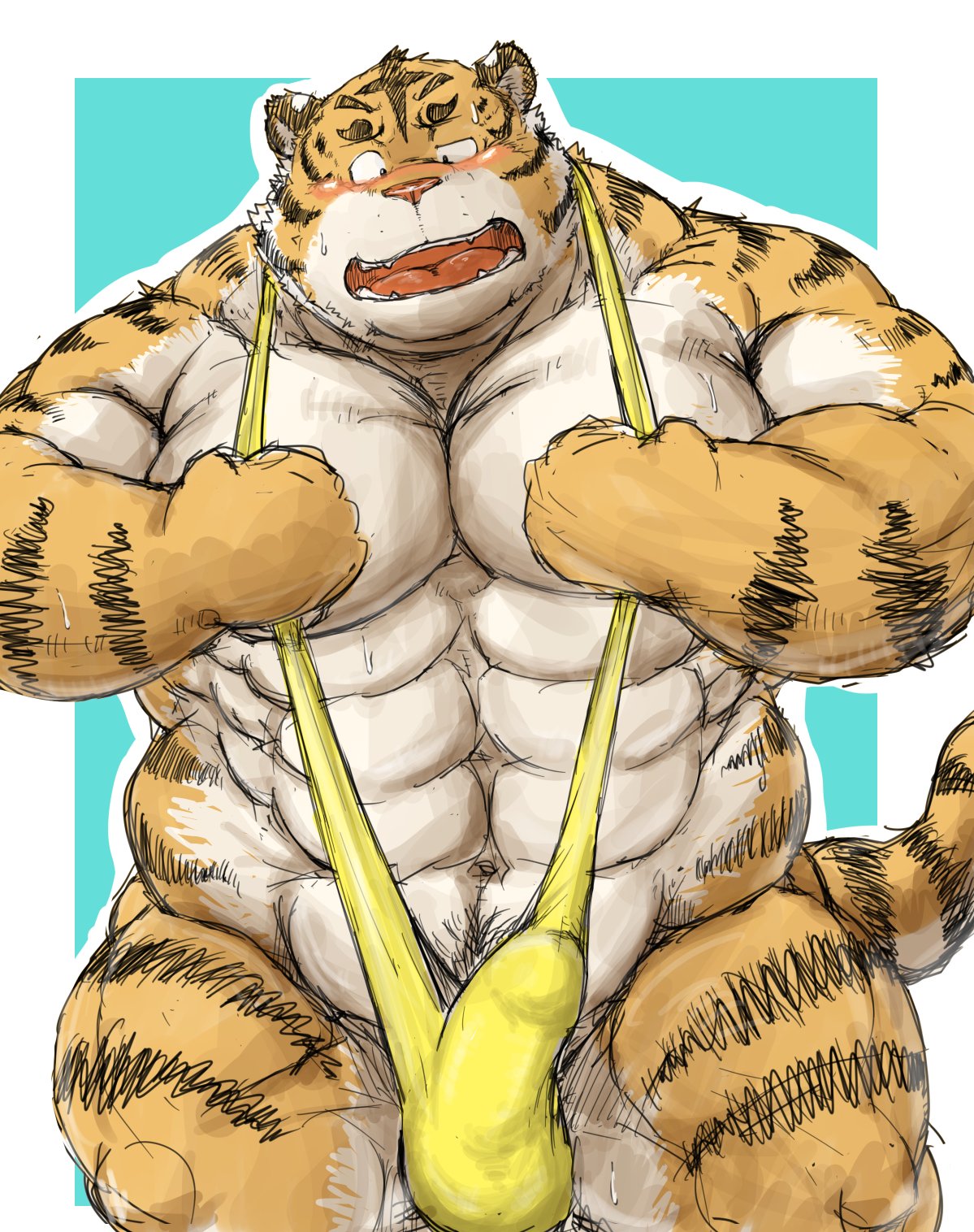 1boy 2016 anthro barazoku blush bulge clothing erection facing_viewer feline furry kemono kotobuki looking_at_penis male male_only mammal muscular obese overweight penis penis_outline portrait simple_background solo speedo standing sweat swimsuit three-quarter_portrait tiger