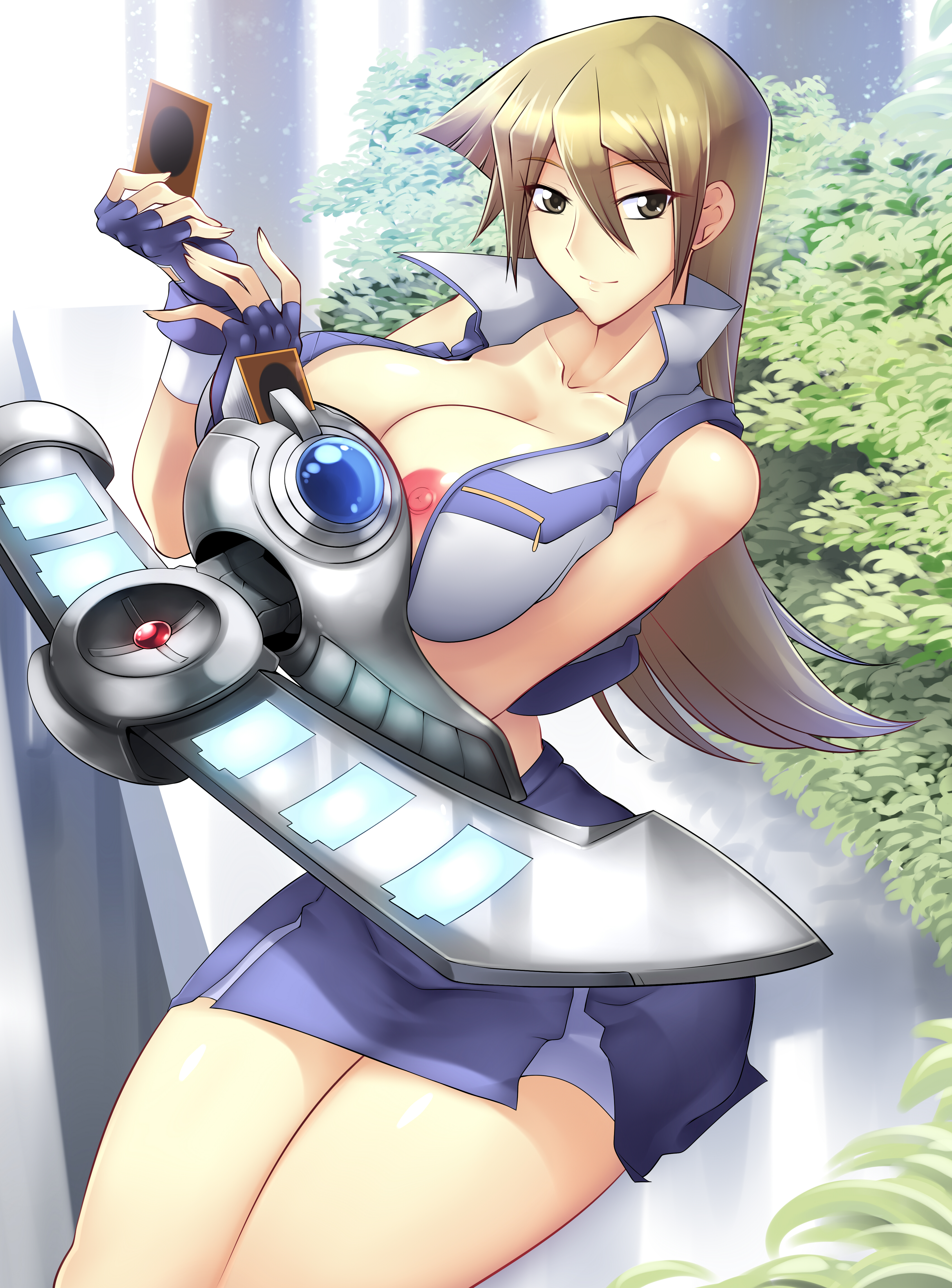 alexis rhodes, alexis rhodes (arc-v), blonde hair, breasts, breasts out, brown eyes, card, curvy, female, female only, fully clothed, gloves, haganef, hips, huge breasts, jacket, mostly clothed, nipple slip, nipples, no bra, school uniform, short skirt, smile, solo, tenjouin asuka, yu-gi-oh!, yu-gi-oh! gx