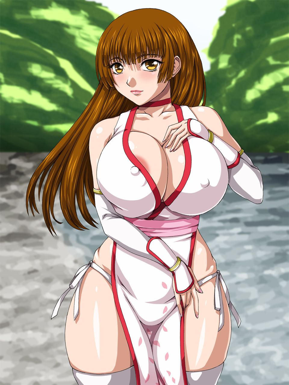 breasts brown_eyes brown_hair cleavage dead_or_alive erect_nipples female huge_breasts kasumi_(doa) kunoichi large_breasts long_hair no_bra no_panties revealing_clothes solo tagme water_beryl