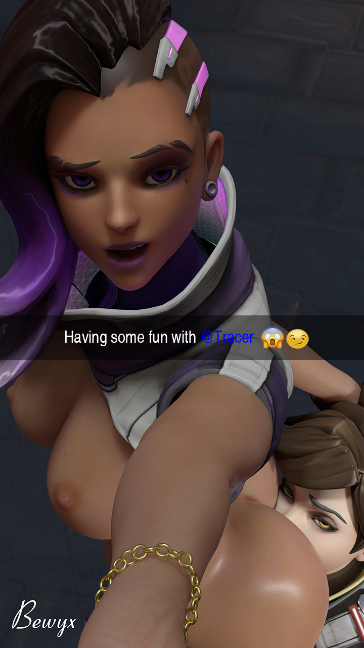 2girls, 3d, alternate costume, ass, beauty mark, bewyx, black hair, blender, blizzard entertainment, bracelet, breasts, brown hair, dark hair, dark skin, dark-skinned female, ear piercing, eyeshadow, female, female only, hand on head, interracial, lipstick, lunar new year, lunar new year series, mole, open mouth, oral, overwatch, partially clothed, piercing, purple eyes, purple hair, purple lipstick, rose tracer, selfie, sombra, standing, text, tracer, two-tone hair, year of the rooster, yellow eyes