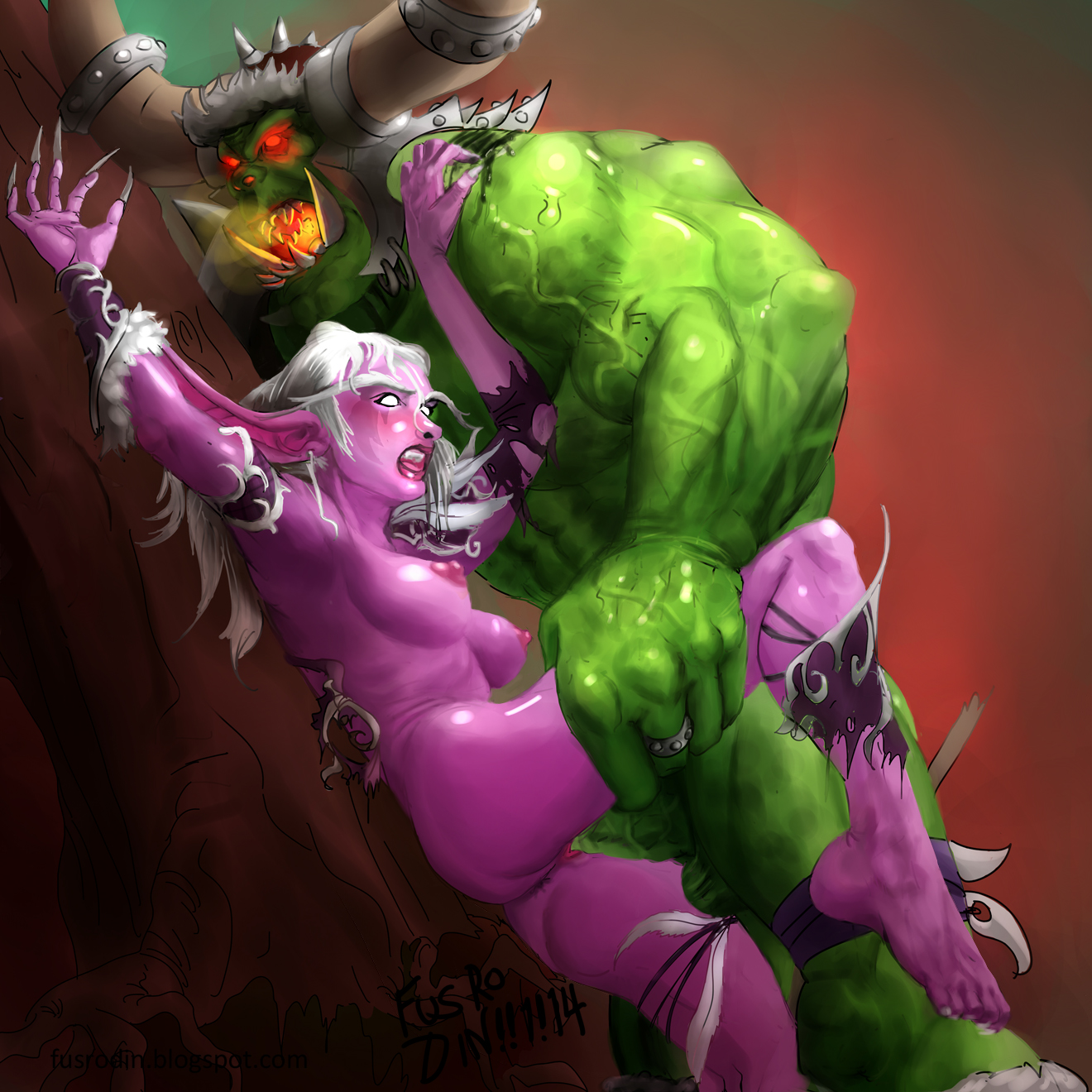 against tree, against wall, big hands, bikini armor, broken armor, claw marks, defeated, domination, elf, elf ears, endured face, eyebrows, female, fusrodin, glowing eyes, green skin, horde domination, interspecies, leather, leg grab, long eyebrows, long fingernails, male, male domination, monster, muscles, muscular, muscular male, night elf, orc, orc (warcraft), orc male, orced, penis, pink skin, pointy ears, rape, red eyes, sharp teeth, silver eyes, size difference, thigh grab, torn clothes, tusks, veiny muscles, white hair, world of warcraft