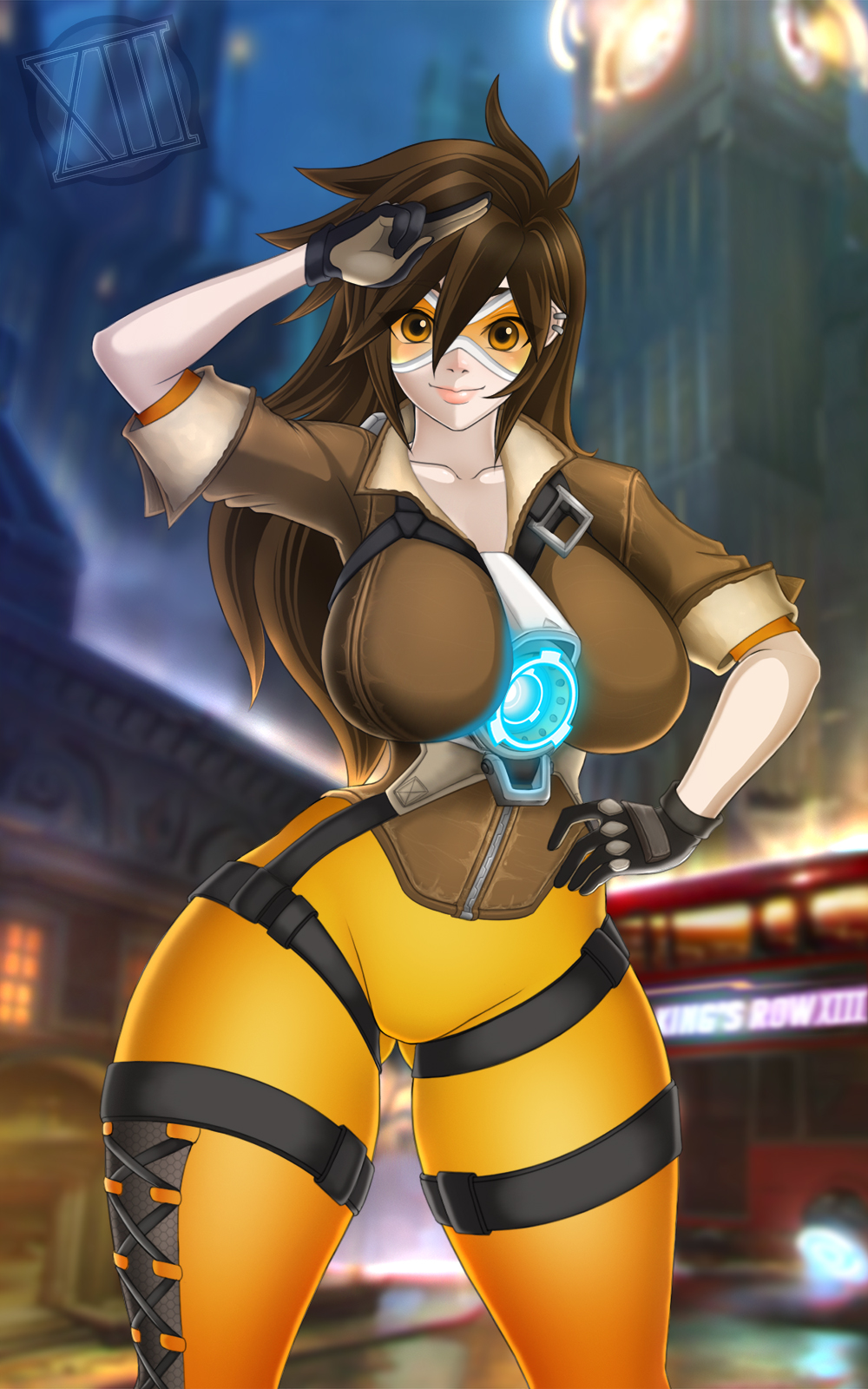 alternate version available, blizzard entertainment, breasts, cameltoe, curvy, female, huge breasts, king's row (map), long hair, overwatch, pussy, thick lips, tracer, voluptuous, waifuholic, wide hips