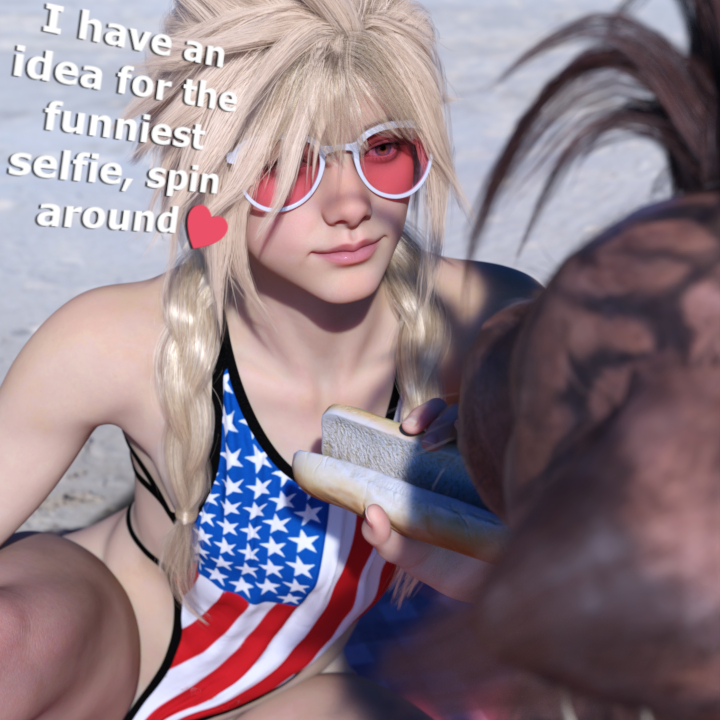 3d, 4th of july, american flag bikini, blonde hair, braid, braided hair, braids, cloud strife, crossdressing, english text, femboy, final fantasy, final fantasy vii, final fantasy vii remake, gay, hdregrets, hot dog, hotdog, male focus, male only, pigtails, red xiii, sunglasses, swimsuit, text, yaoi, zoophilia