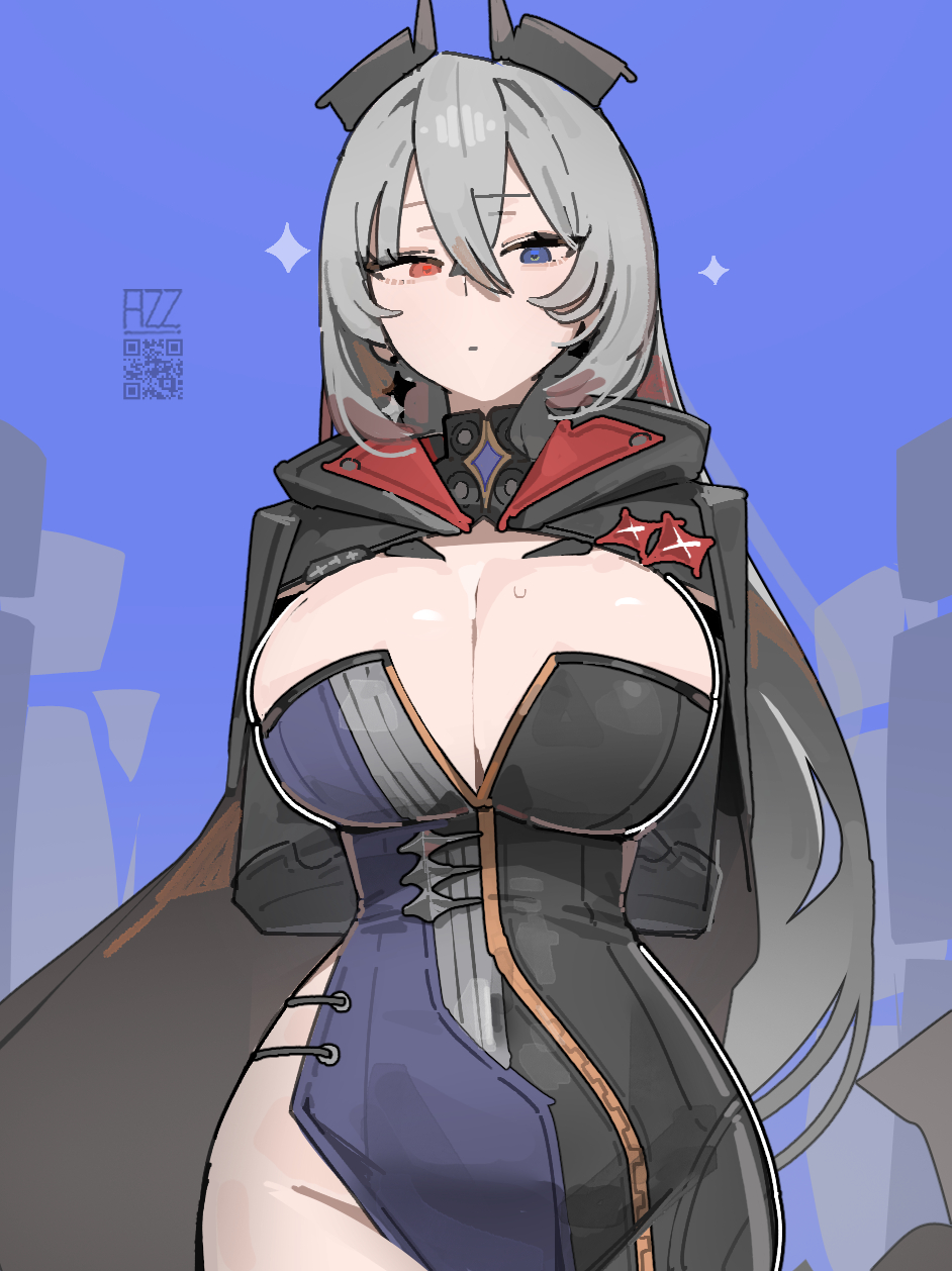 1girls 2026 2d 2d_(artwork) arms_behind_back artist_name azz0422 big_breasts blue_background blue_eye boobs breasts clothed clothing color colored digital_media_(artwork) female female_only front_view grey_hair heterochromia hi_res hoyoverse large_breasts light-skinned_female light_skin looking_at_viewer mihoyo orange_eye qr_code simple_background solo sunbringer_(zenless_zone_zero) sweat sweatdrop tits video_game_character video_games zenless_zone_zero