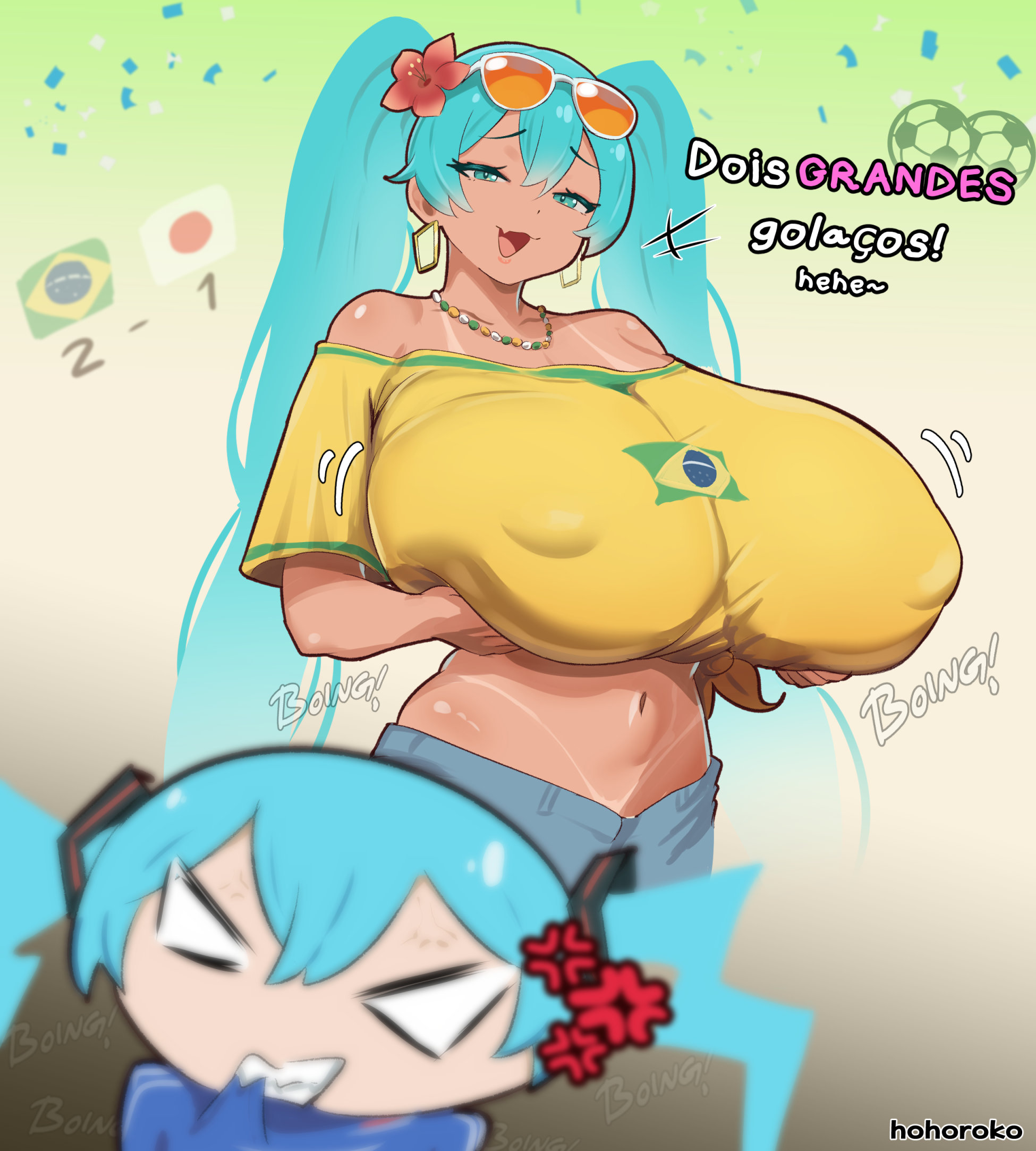 2girls, anger vein, aqua hair, artist name, ball, bikini tan, blue shorts, brazilian miku, breasts, commentary, covered nipples, cowboy shot, double-parted bangs, english commentary, flower, gigantic breasts, hair flower, hair ornament, hatsune miku, highres, hohoroko, long hair, looking at viewer, midriff, motion lines, multiple girls, navel, open mouth, puffy nipples, shirt, short sleeves, shorts, smug, soccer ball, sound effects, sunglasses, tan, tanlines, tied shirt, twintails, very long hair, vocaloid
