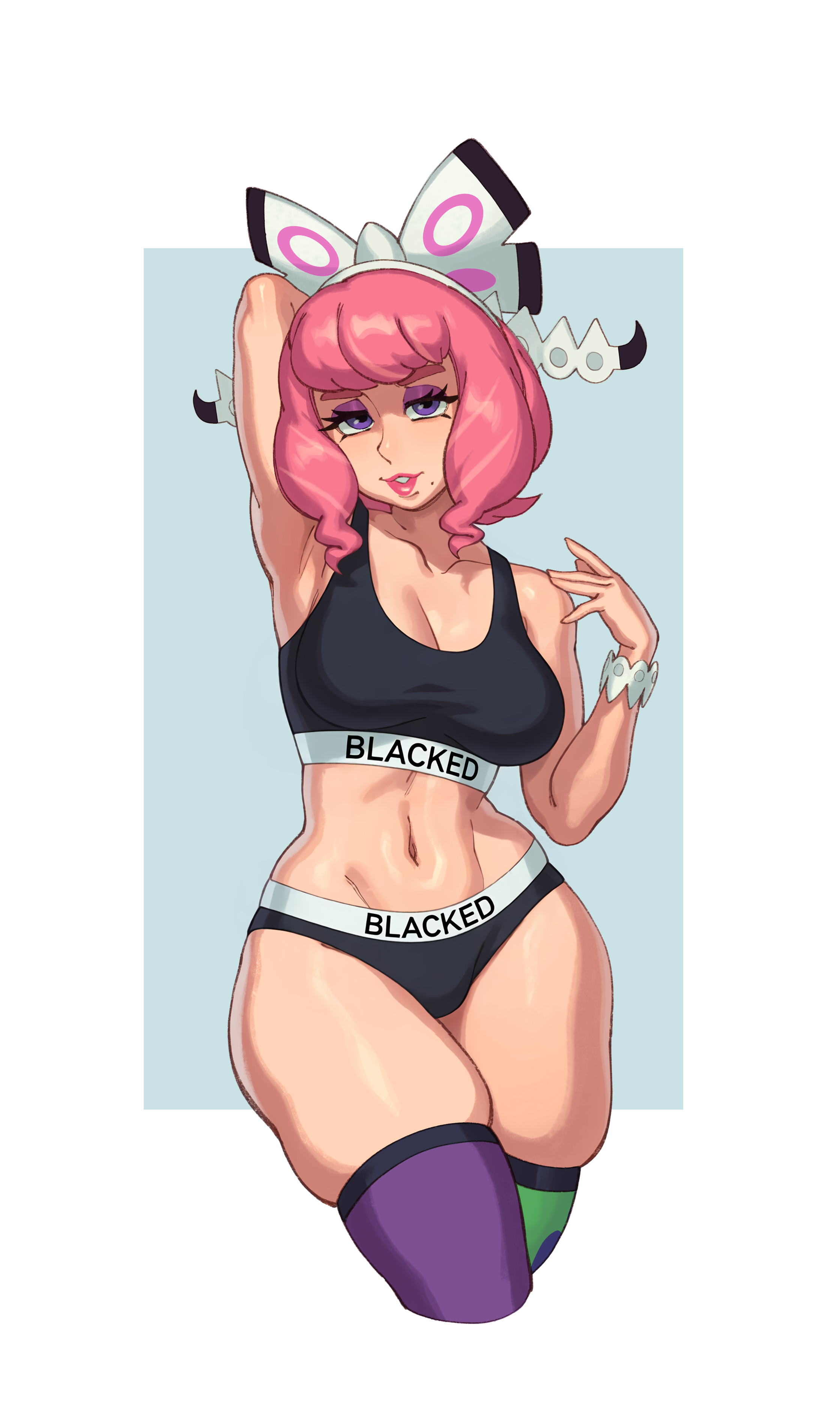 1girls, aerolae, ai assisted, almost naked, armpits, beauty mark, big breasts, blacked, blacked clothing, bowtie, bracelet, breasts, breasts out, cleavage, curvy, curvy female, edit, female, grok, hair accessory, klara (pokemon), looking at viewer, nipples, panties, pink hair, pokemon, purple eyes, rizdraws, seductive look, solo, solo female, solo focus, sports bra, thighhighs, third-party edit, two-tone background