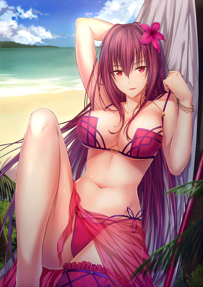 beach, bikini, breasts, fate (series), fate/grand order, female, large breasts, purple hair, scathach (fate), scathach (swimsuit assassin), see-through, swimsuit