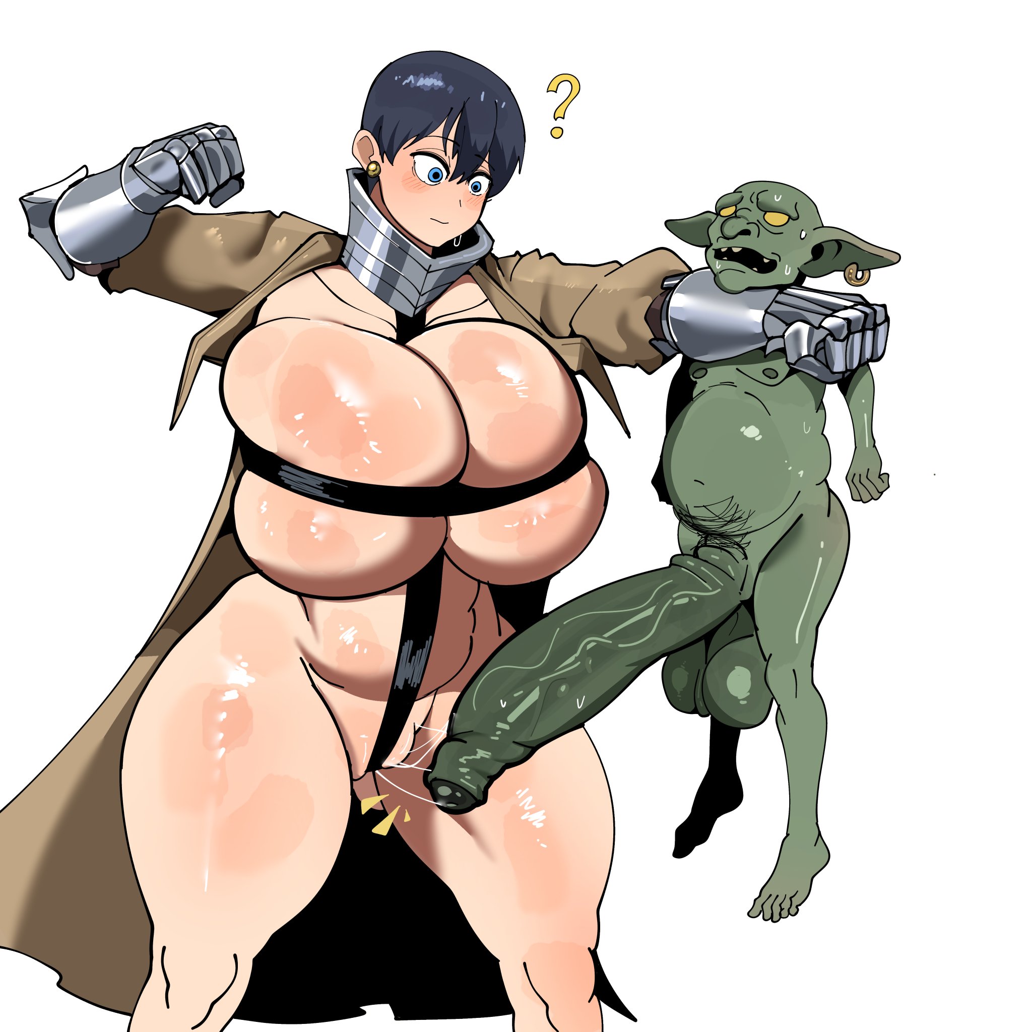 1boy, 1girls, almost naked, barely clothed, big breasts, blush, breasts, busty, child bearing hips, curvy, curvy figure, enormous breasts, female, fight, giant breasts, gigantic breasts, ginormous breasts, goblin, goblin male, huge breasts, hyper breasts, large breasts, massive breasts, pinned, pinned to wall, plump thighs, seder (shinhyunxi), shinhyunxi, suprised, thick thighs, thighs, thunder thighs, trenchcoat, voluptuous, voluptuous female, wide hips