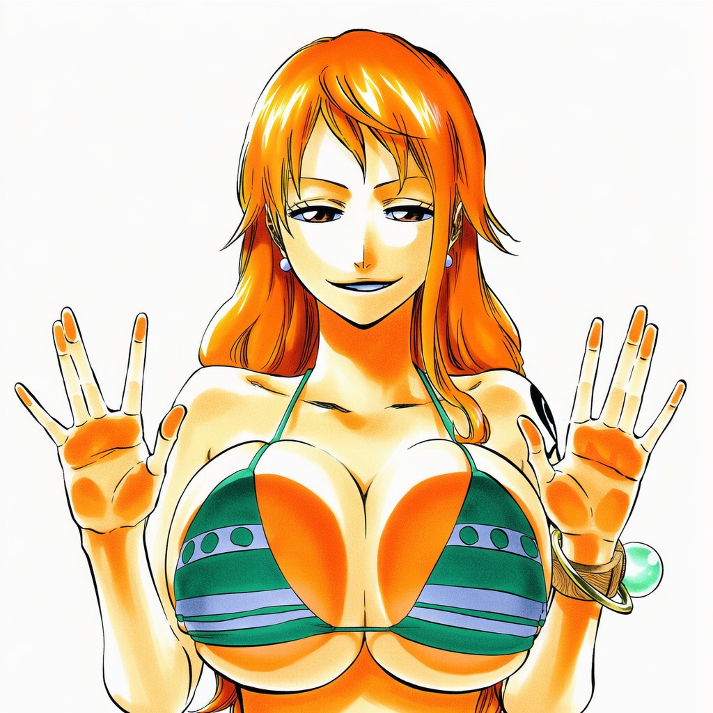 1:1, 1girls, 2d, accurate body type, against fourth wall, against glass, against surface, ai generated, arm tattoo, armpits, arms up, bangle, bangs, big breasts, bikini, bikini top, bikini top only, bracelet, breast focus, breast press, breasts, breasts against glass, breasts on glass, breasts squeezed together, brown eyes, bursting breasts, busty, clavicle, cleavage, clothing, collarbone, curvaceous, curvy, earrings, fanart, female, female focus, female only, fingers together, front view, glass, green bikini, green bikini top, grin, hand on glass, hands, hands up, high resolution, highres, huge breasts, jewelry, large breasts, light skin, light-skinned female, line art, log pose, long hair, looking at viewer, manga style, nami (one piece), narrow waist, one piece, orange eyes, orange hair, orange-haired female, palms, parted lips, pearl earrings, shiny hair, shiny skin, shoulder tattoo, simple background, single sidelock, smile, solo, solo female, solo focus, spread fingers, standing, striped bikini, swimsuit, tattoo, thin eyebrows, tite kubo style, underboob, upper body, v-shaped eyebrows, waifu, white background
