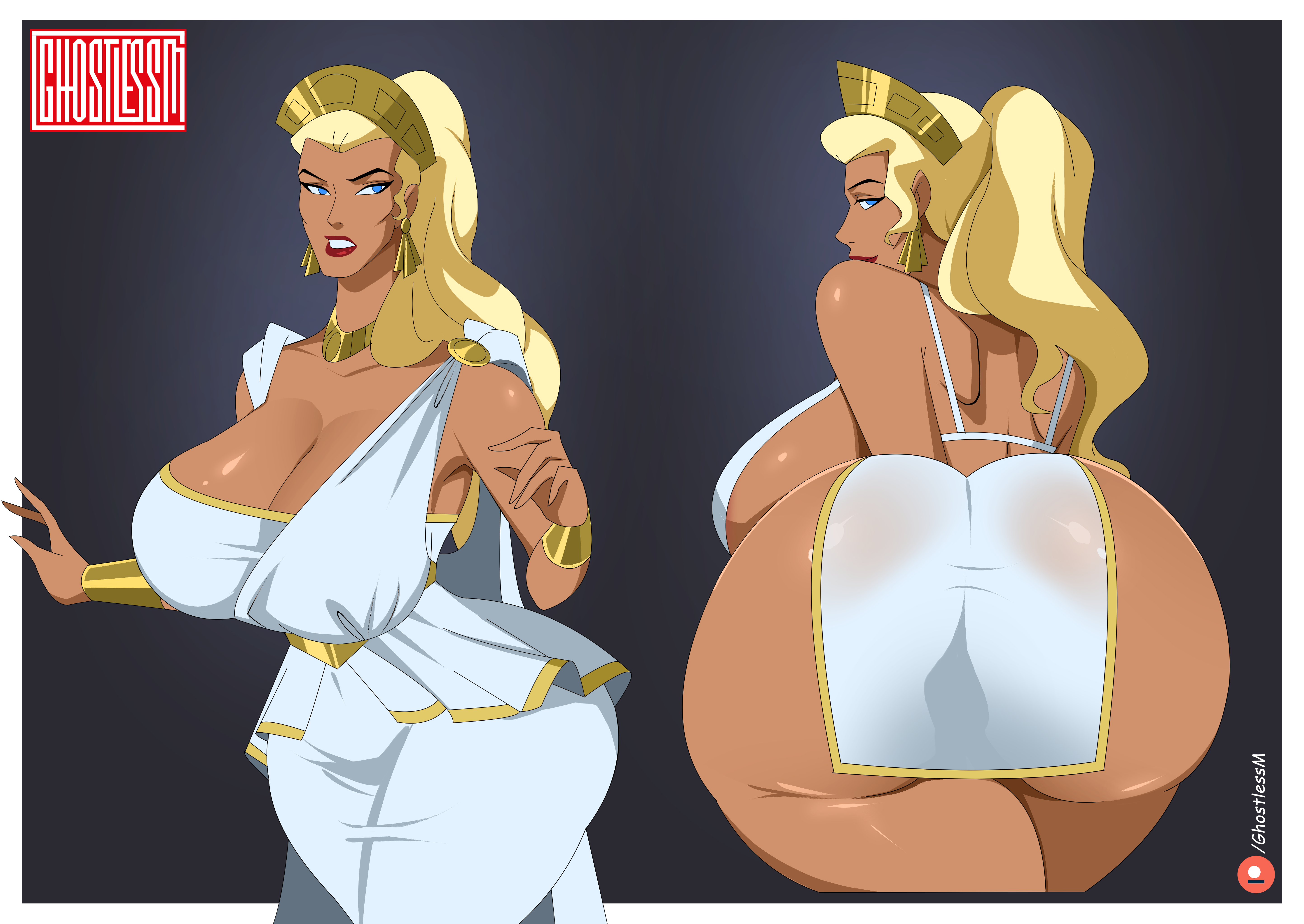1girls, amazon, bent over, blonde hair, blue eyes, dc comics, dcau, dress, female, female only, ghostlessm, hippolyta, huge ass, huge breasts, long hair, looking at viewer, queen hippolyta, solo, themyscira, thick thighs, wide hips, wonder woman (series)