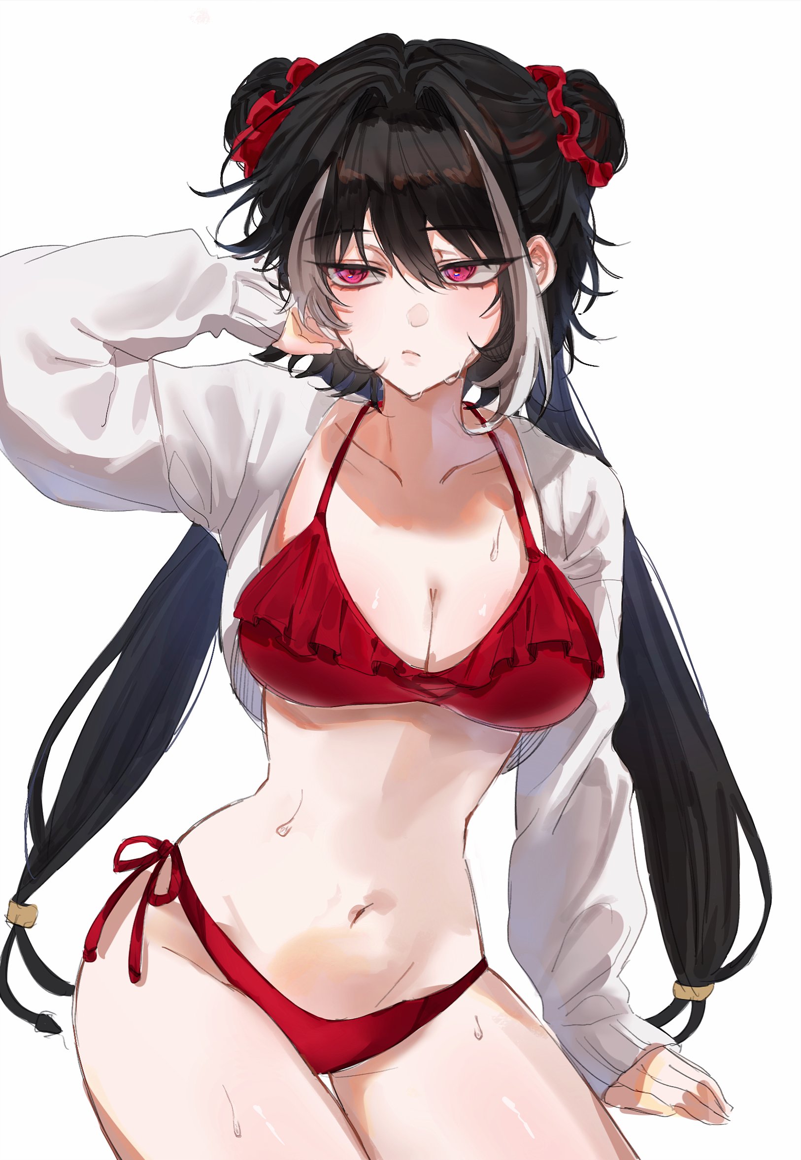 1girl, arms up, bikini, black hair, breasts, hair ornament, jacket, jia xichun (limbus company), limbus company, long hair, medium breasts, multicolored hair, project moon, sweat, thighs, twintails