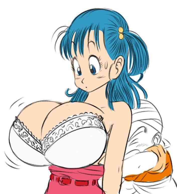 assisted exposure, big breasts, biggies00, blue hair, bra, bulma, bulma (dragon ball), bulma briefs, busty, canonical scene, cleavage, dragon ball, krillin, kuririn, round breasts, surprised, top heavy
