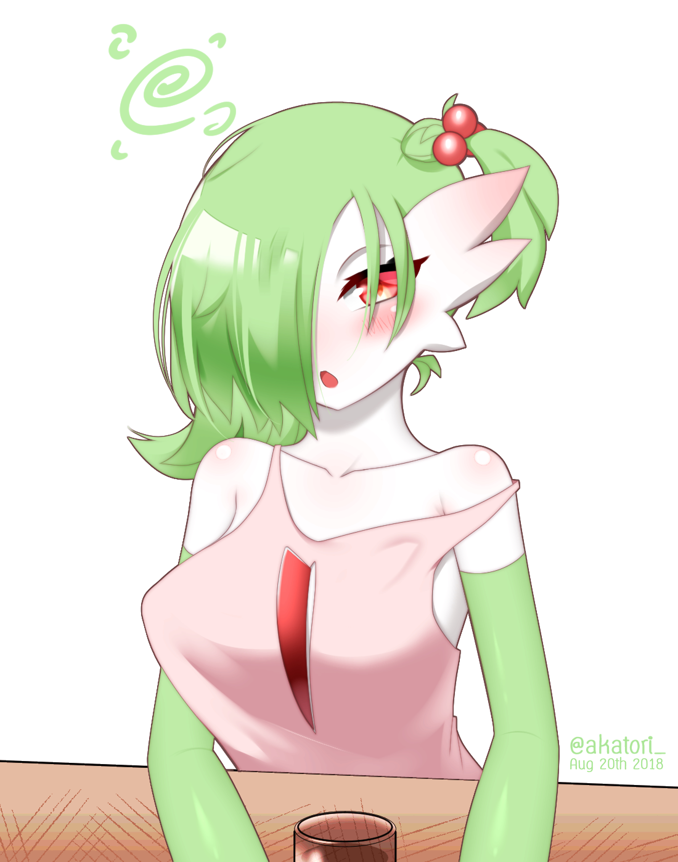 1girls, akatori (redbird), breasts, cute, female, female only, gardevoir, green hair, pokemon, pokemon (species), pokemon rse, red eyes