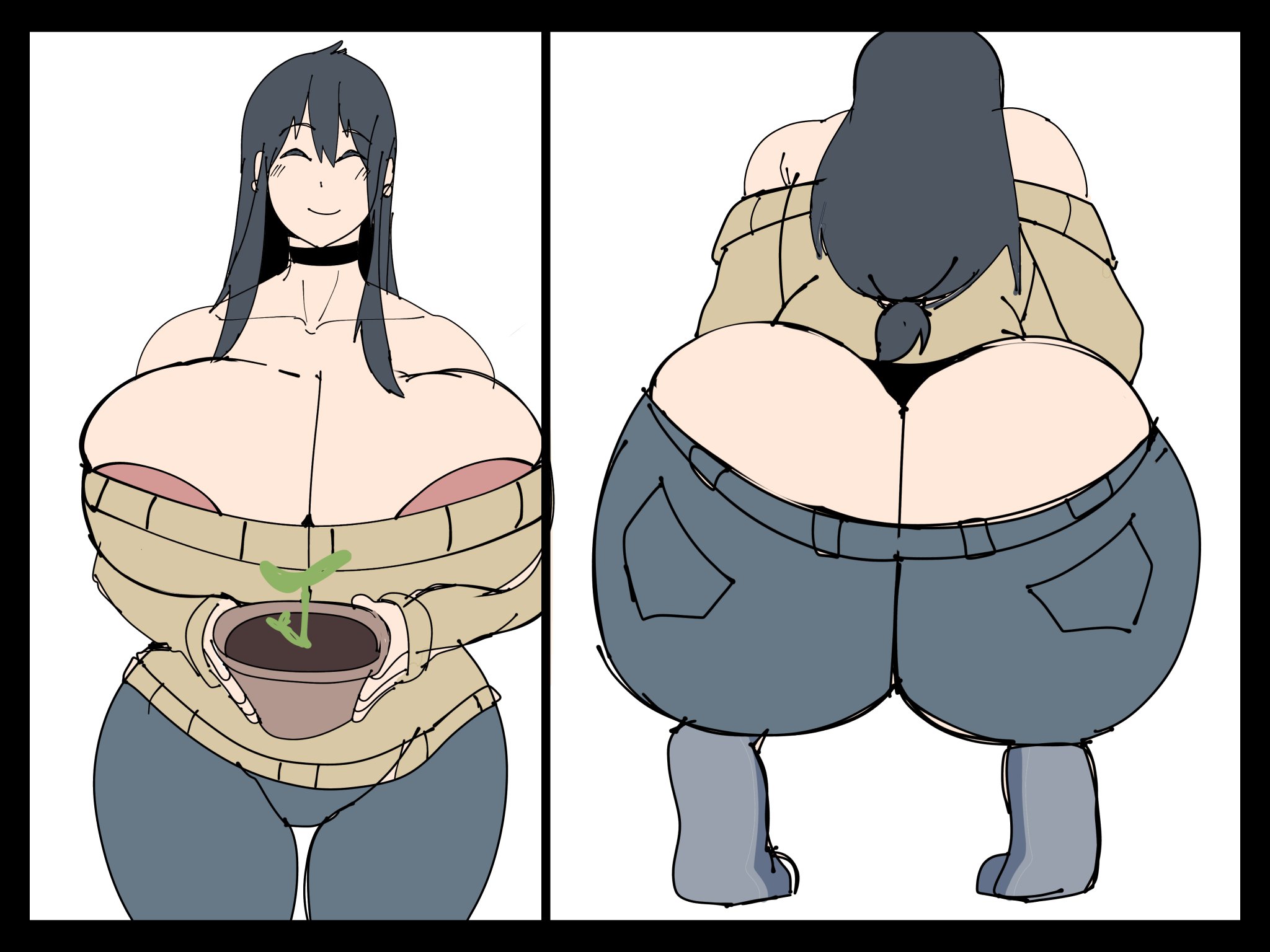 1girls, areolae visible through clothing, ass, ass crack, big areola, big ass, big breasts, bottomwear, bottomwear halfway down, breasts, bubble ass, bubble butt, crouching, dat ass, dumptruck ass, enormous ass, enormous breasts, fat ass, female, female only, giant ass, giant breasts, gigantic ass, gigantic breasts, ginormous breasts, hourglass figure, huge areolae, huge ass, huge breasts, hyper breasts, large ass, large breasts, massive areolae, massive breasts, original, original character, seder (shinhyunxi), shinhyunxi, tomboy, voluptuous, voluptuous female