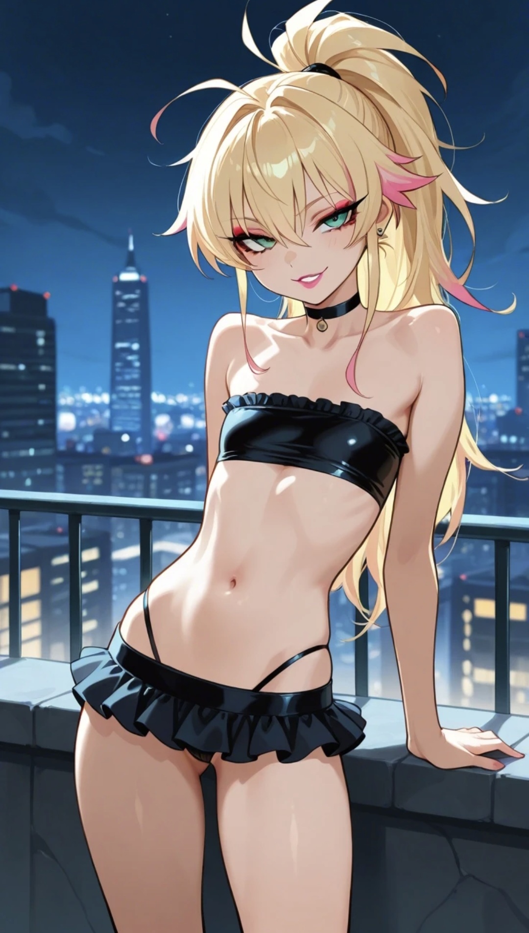 1girls, ai generated, athletic, athletic female, bare shoulders, black skirt, black topwear, blonde, blonde female, blonde hair, blonde hair female, brat, bratty, choker, city, city background, clothed, clothed female, clothing, collarbone, commentary request, confident, earrings, eyelashes, female, female focus, flat chest, flat chested, frilled skirt, frills, gradient hair, green eyes, hair, hips, leaning, lia the busty redhead, lipstick, long eyelashes, makeup, microskirt, midriff, miniskirt, multicolored hair, night, original, original character, outdoors, outside, petite, petite body, petite female, pink hair tips, ponytail, seductive, seductive look, seductive pose, seductive smile, self upload, skinny, skirt, slutty female, small breasts, smile, smiling, smiling at viewer, solo female, standing, strapless, tagme, thighs, thong, thong straps, tight clothing, topwear, tubetop