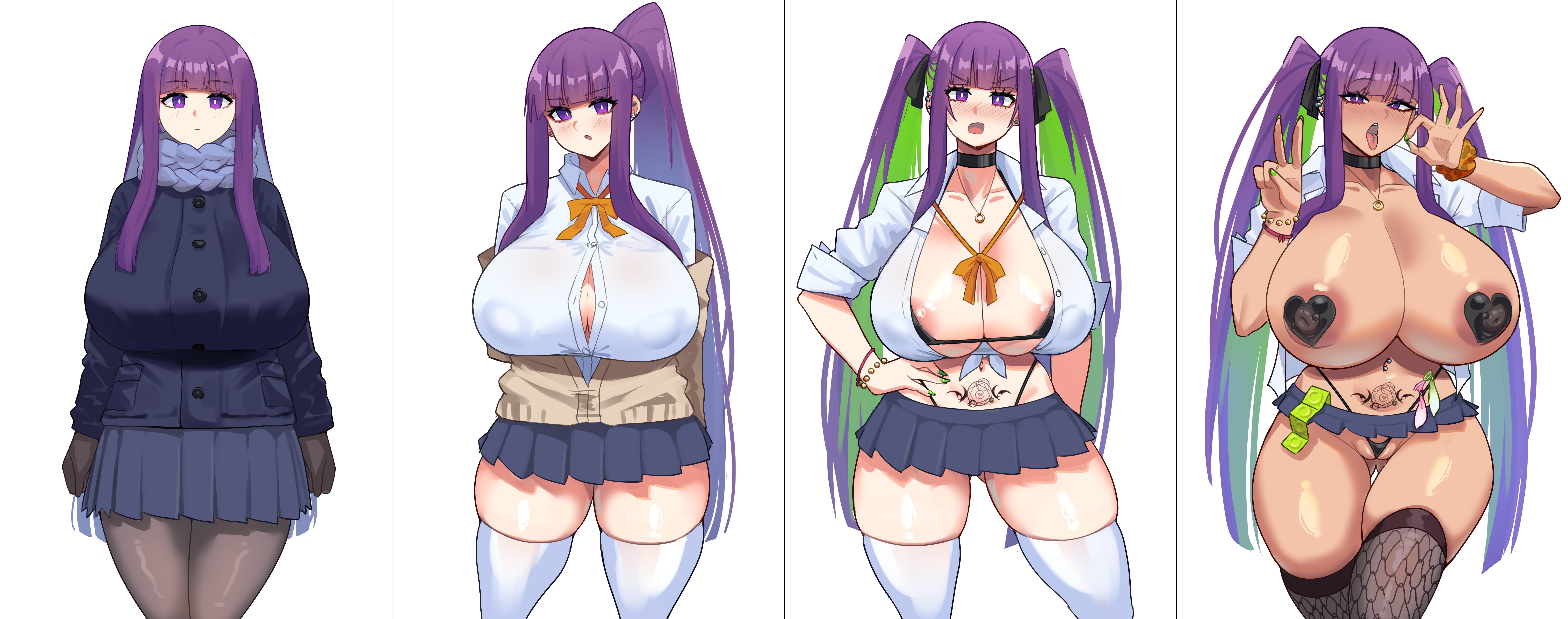 1girls, 2026, 2d, alternate breast size, alternate breast size (larger), areola slip, ass visible through thighs, barely clothed, bimbo, black bikini, black micro bikini, blowjob gesture, blush, bowtie, bracelet, breast expansion, breasts, breasts bigger than head, brown cardigan, button gap, cardigan, cardigan partially removed, child bearing hips, choker, cleavage, collarbone, collared shirt, colored inner hair, compilation, condom, condom balloon, condom packet strip, condom wrapper, covered nipples, curvaceous, curvy, curvy body, curvy female, curvy figure, ear piercing, eyebrows visible through hair, fellatio gesture, female, female only, fern (sousou no frieren), filled condom, fishnet legwear, fishnet stockings, fishnets, frieren beyond journey's end, front-tie top, fully clothed, glistening, glistening body, gloves, green hair, green nail polish, gyaru, gyarufication, hair ornament, hairless pussy, hand on waist, hi res, high ponytail, high resolution, highres, huge breasts, jacket, jewelry, konaloid, large areolae, light skin, light-skinned female, long sleeves, long twintails, looking at viewer, micro bikini, micro bikini under clothes, micro panties, microskirt, midriff, moral degeneration, nail polish, navel, navel piercing, nipple bulge, nipple piercing, no bra, open clothes, open mouth, open shirt, pantyhose, partially unbuttoned, partially visible vulva, peace sign, piercing, pleated skirt, pubic tattoo, purple eyes, purple hair, revealing clothes, rolled up sleeves, scarf, short skirt, simple background, skindentation, skirt, slim waist, slutty female, solo, solo female, sousou no frieren, standing, stockings, tanned female, tanned skin, tattoo, thick thighs, thighhighs, tied shirt, tongue, tongue out, tongue piercing, transformation, transformation sequence, twintails, two-tone hair, used condom, used condom in clothes, v, v sign, very long hair, voluptuous, voluptuous female, white background, white shirt, white stockings, white thighhighs, wide hips