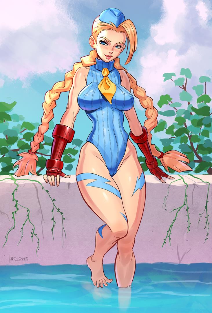 alternate costume, barefoot, bdone, blonde hair, breasts, cammy white, female, garrison cap, leotard, looking at viewer, street fighter, street fighter alpha, twin braids, water