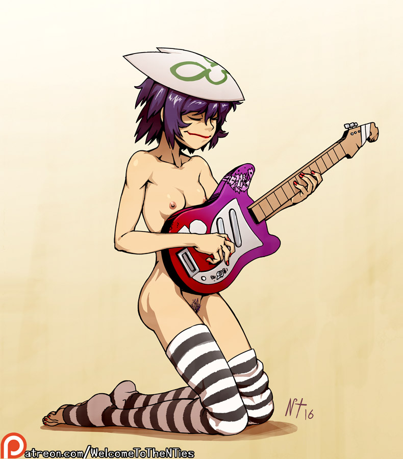 2016, asian, breasts, casual, cat mask, electric guitar, feet, female, female only, gorillaz, guitar, human, legwear, musical instrument, noisetanker, noodle (gorillaz), noodle (plastic beach), pale skin, pubic hair, purple hair, solo, toeless legwear, toes