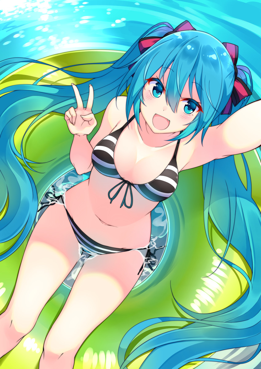 :d, 1girl, 1girls, aqua eyes, aqua hair, arm up, bangs, bikini, black bikini, blue eyes, blue hair, blush, bow, breasts, collarbone, fang, female, from above, front-tie bikini top, front-tie top, gesture, hair between eyes, hair bow, hair ribbon, hatsune miku, innertube, long hair, looking at viewer, medium breasts, navel, open mouth, outstretched arm, reaching towards viewer, ribbon, selfie, side-tie bikini bottom, sitting, smile, solo, striped, striped bikini, swimsuit, twintails, v, very long hair, vocaloid, water