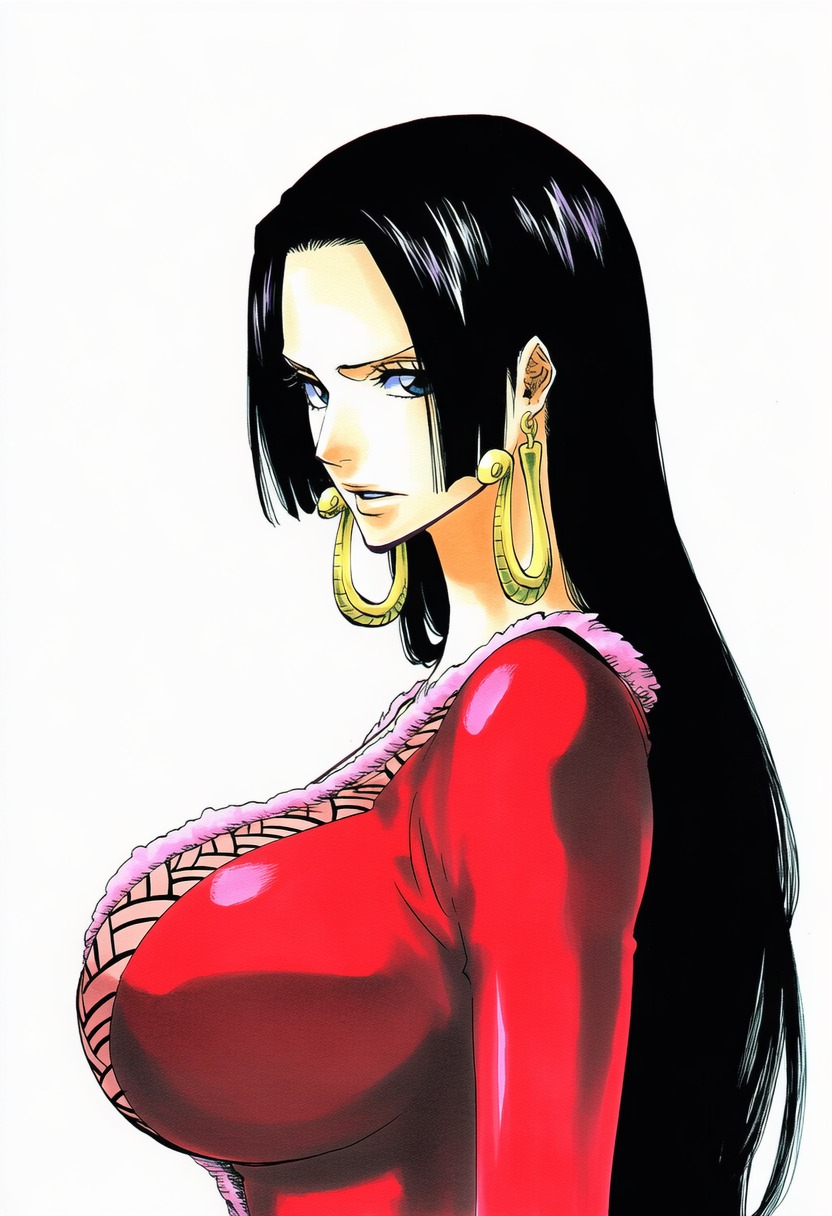 1girls, accurate body type, ai generated, arms at sides, big breasts, black hair, blue eyes, boa hancock, breasts, busty, cleavage, closed mouth, clothed, clothing, collarbone, curvaceous, curvy, dress, earrings, fanart, female, female focus, female only, from side, frown, fur trim, fur trim (clothing), gold earrings, high resolution, highres, hime cut, hoop earrings, huge breasts, impossible clothes, jewelry, large breasts, light skin, light-skinned female, line art, long hair, long sleeves, looking at viewer, looking to the side, manga style, narrow waist, no bra, one piece, parted lips, pink fur, red dress, serious, shiny clothes, shiny hair, shiny skin, side view, sideboob, sidelocks, simple background, snake earrings, solo, solo female, solo focus, standing, tite kubo style, upper body, viewed from side, white background