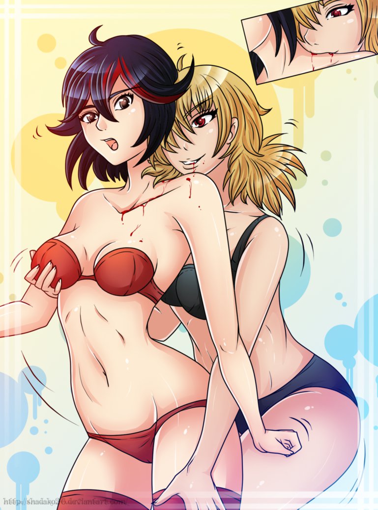 2girls ahoge bare_arms bare_legs bare_shoulders black_bra black_eyes black_hair black_panties blonde_hair blood blood_on_body blood_on_face blood_on_mouth blood_sucking bra breast_grab breasts clenched_hand clothing collarbone crossover evil_grin evil_smile female female_only from_behind grabbing grabbing_from_behind grin hair_between_eyes hair_over_one_eye half-closed_eyes hand_on_another's_leg hand_on_leg hellsing human kill_la_kill legs lingerie looking_at_another looking_at_viewer matching_underwear matoi_ryuuko medium_breasts midriff moaning monster_girl multicolored_hair multiple_females multiple_girls navel neck open_mouth panties red_bra red_eyes red_hair red_legwear red_panties seras_victoria shadako26 shiny_hair short_hair smile standing strapless strapless_bra teenager thighhighs trembling two_tone_hair vampire yuri