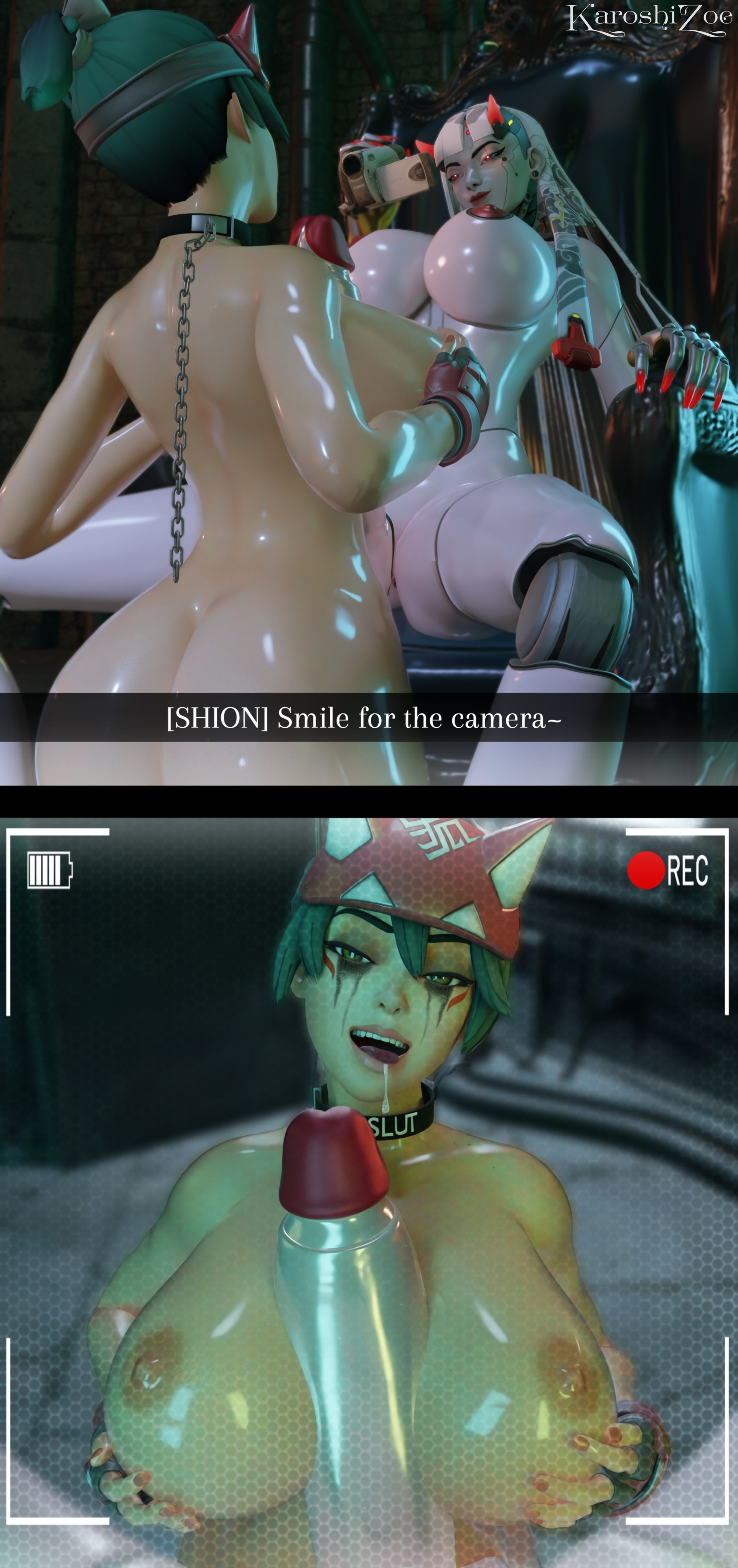 1futa, 1girl, 1girls, 2026, 3d, asian, asian female, big ass, big breasts, big penis, blender, blizzard entertainment, breasts, camera, chained collar, chair, choker, collar, dialogue, drool, drool string, drooling, drooling tongue, duo, female, futa on female, futa with female, futadom, futanari, green hair, hands on breasts, huge breasts, human, karoshizoe, kiriko (overwatch), large breasts, large penis, mascara tears, mind broken, mindbroken, nipples, nude, nude female, nude futa, oiled, oiled body, oiled skin, overwatch, paizuri, penis, recording, recording video, robot, shion (overwatch), sitting, sitting on chair, slut collar, smile, smiling, smiling at partner, text, titfuck, titjob, tongue, tongue out, viewfinder