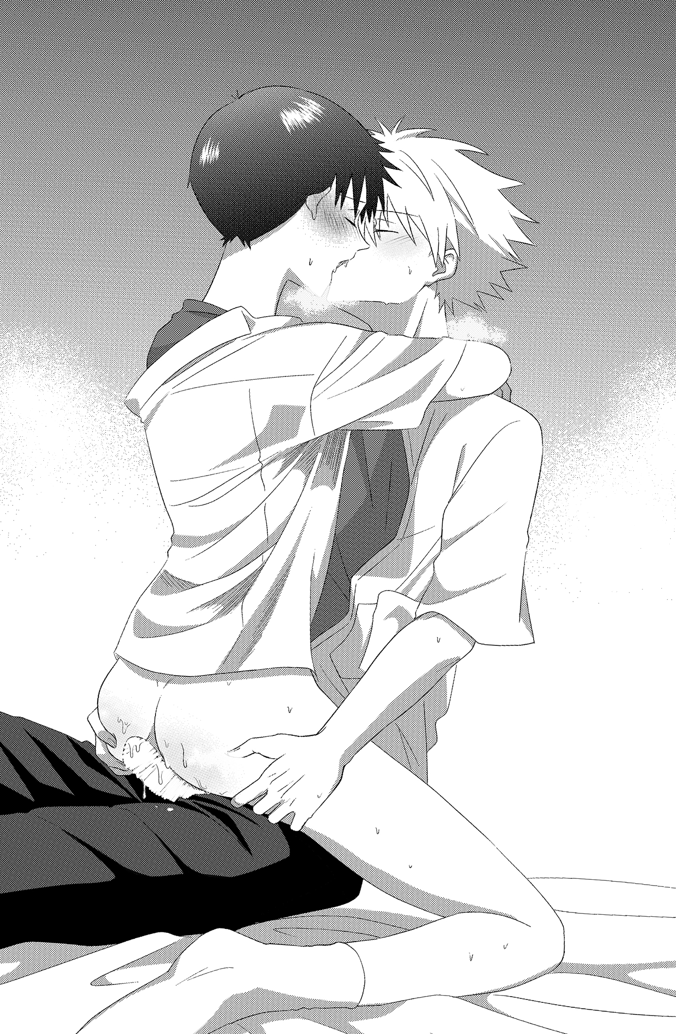 anal, ass, blush, clothing, cum, embrace, gay, kaworu nagisa, kissing, male, neon genesis evangelion, passionate, penis, shinji ikari, tagme, yaoi