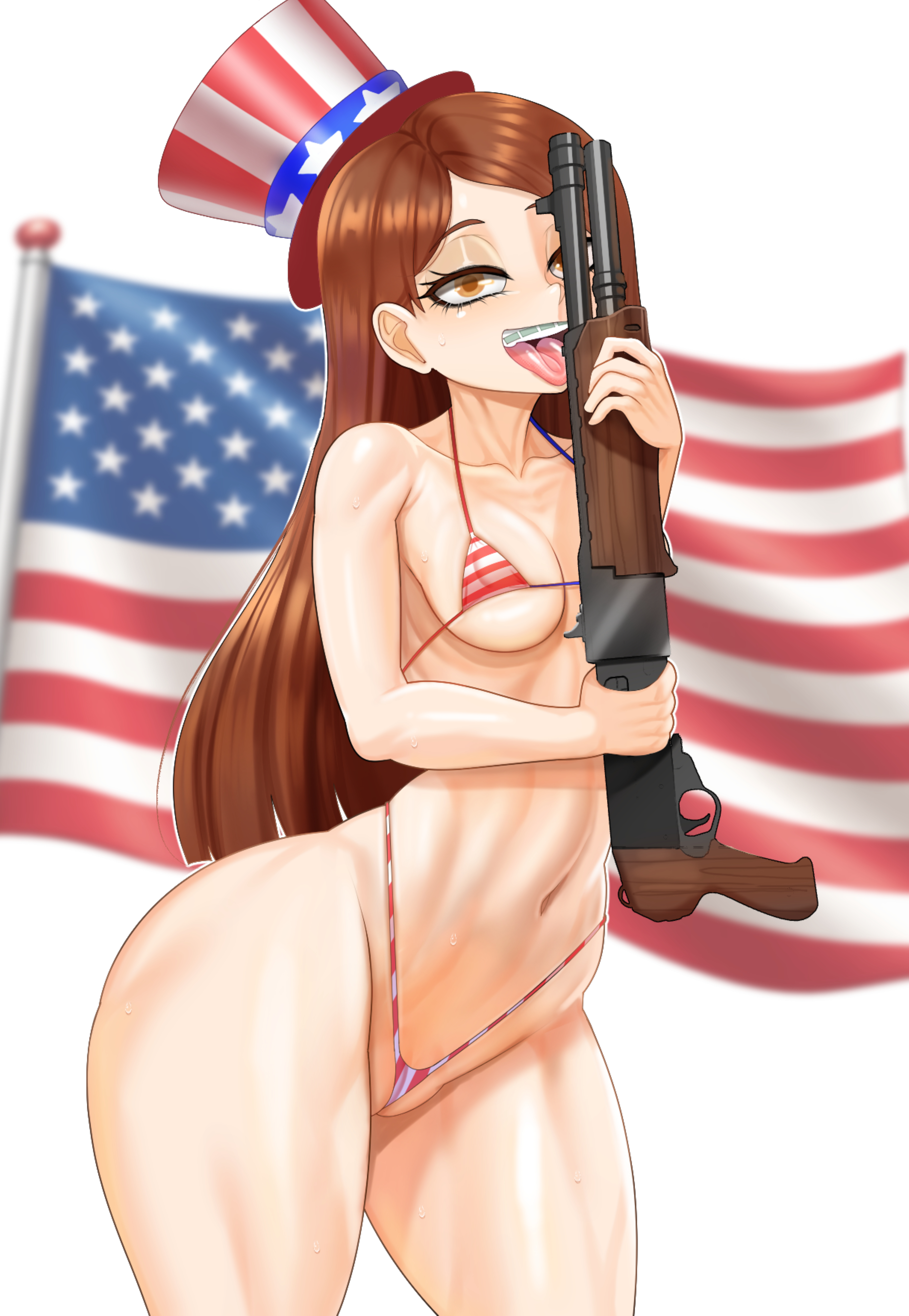 1girls, 4th of july, bikini, bikini bottom, bikini top, braces, brown eyes, brown hair, dogiflan, flag, flag bikini, flag print, gravity falls, gun, independence day, july (month), mabel pines, micro bikini, shotgun