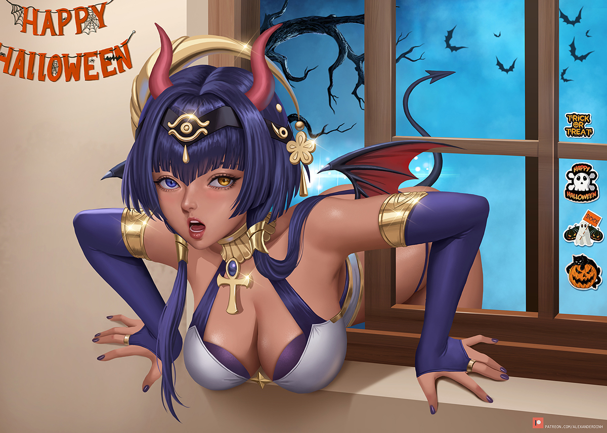 1girls, alexander dinh, bending over, blue nails, breasts, brown skin, candace (genshin impact), dark skin, dark-skinned female, demon, female, fully clothed, genshin impact, gold eyes, halloween, hanging breasts, heterochromia, horns, huge breasts, looking at viewer, purple eyes, purple hair, stuck, stuck in window, succubus, succubus costume, twintails, wings