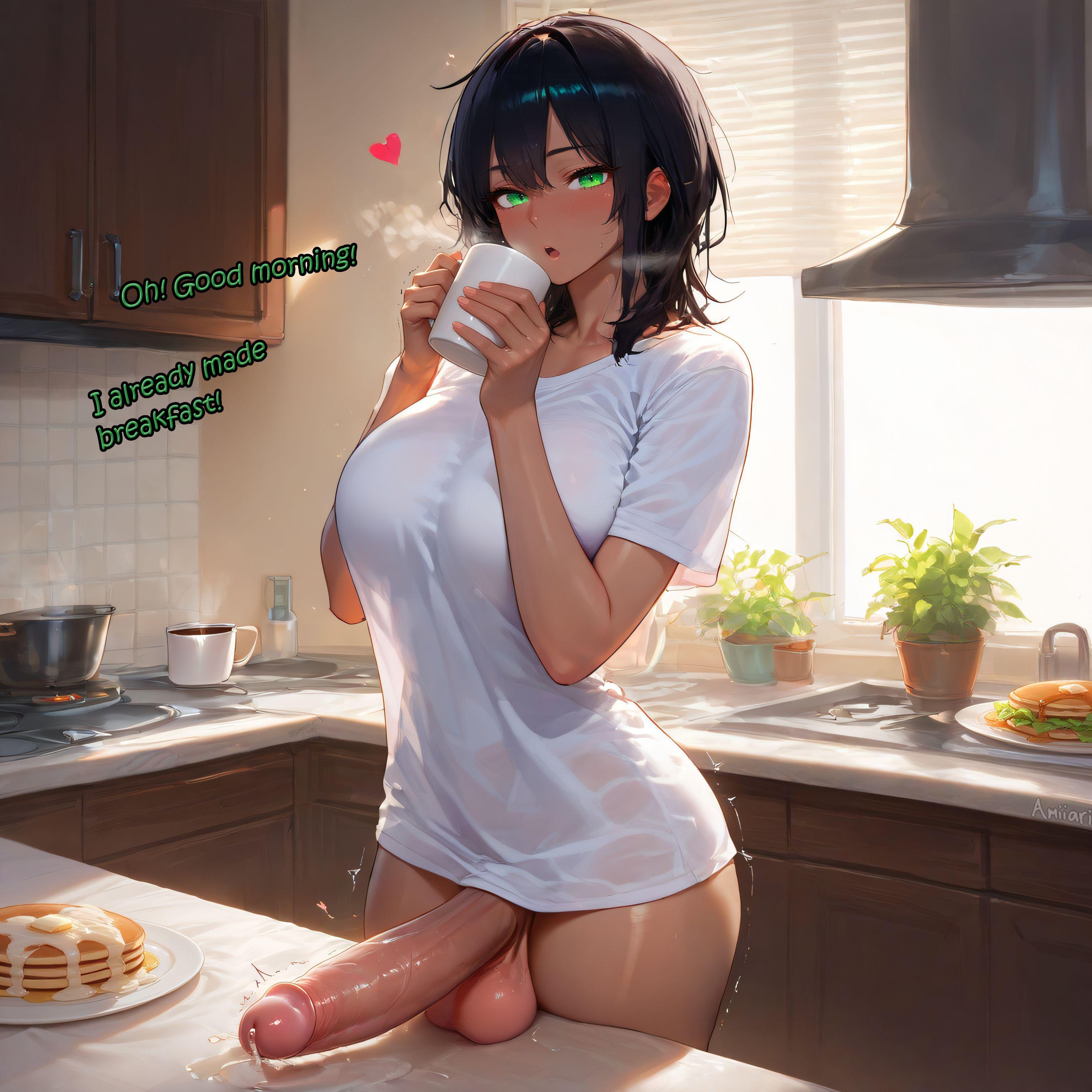 :o, 1futa, absurdres, ai generated, amiiari, bathroom, big penis, blush, bottomless, bread, breasts, coffee, collarbone, counter, cowboy shot, cum, cum on food, cup, drinking, dripping, dripping penis, dripping precum, english text, erection, erection under clothes, eyebrows visible through hair, food, frying pan, futanari, hands up, heart, holding, holding cup, holding mug, holding object, huge penis, indoors, kitchen, knife, large breasts, large penis, long penis, looking at viewer, massive penis, meat, medium breasts, mug, naked shirt, no bra, no pants, open mouth, pancake, pancakes, parted lips, penis, penis on table, penis to the knees, plate, precum, precum drip, precum string, saucer, see-through, see-through silhouette, semen, shiny skin, shirt, shirt only, short sleeves, sink, solo, standing, steam, t-shirt, tan, tea, teacup, testicles, thick thighs, thighs, toast, trembling, twitching penis, veins, veiny penis, wet shirt, white shirt
