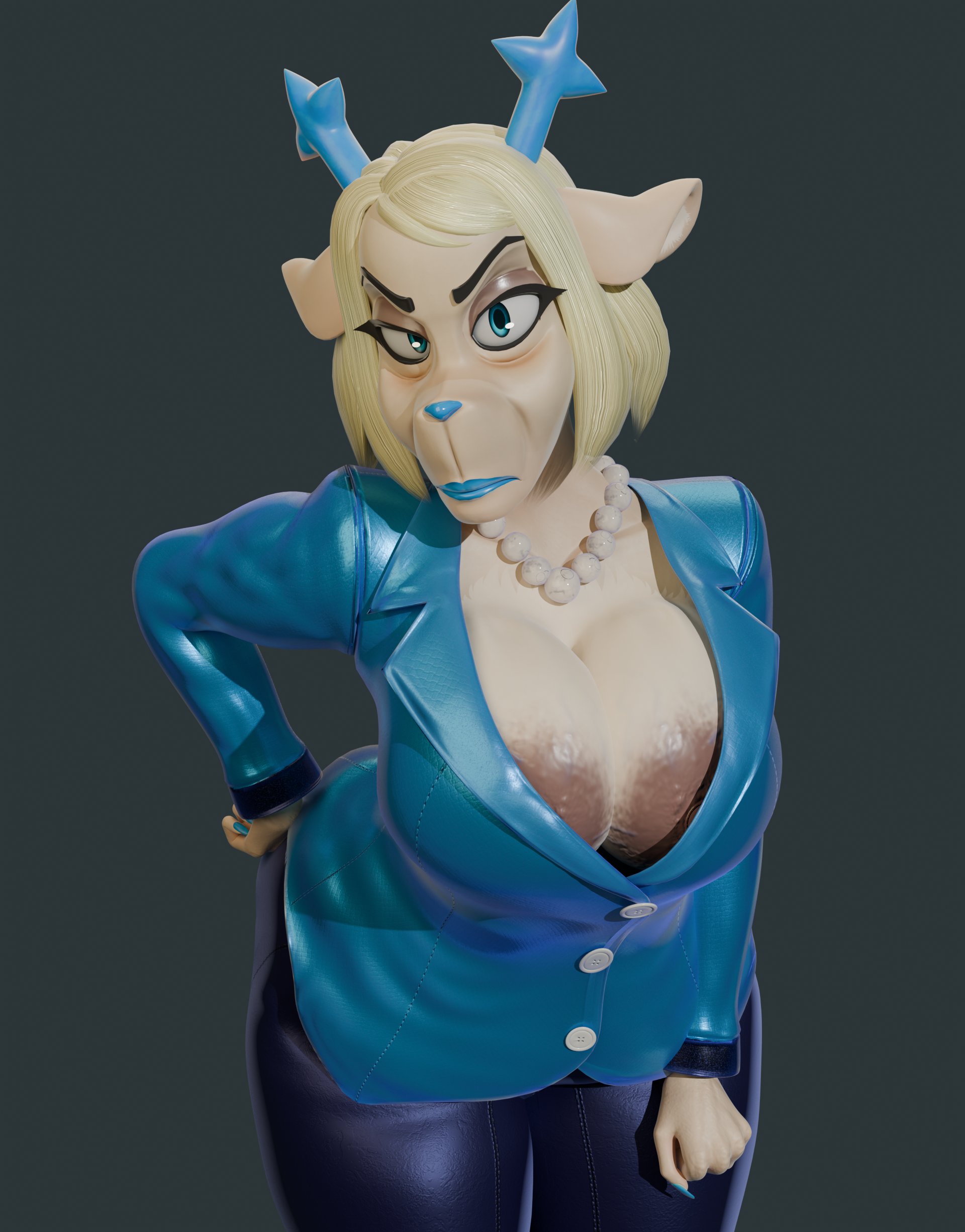 1girls, 3d, 3d (artwork), areola slip, areolae, big breasts, black pants, blonde hair, blue eyes, blue lips, blue lipstick, blue nail polish, blue nails, blue shirt, bottomwear, breast focus, breasts, carol holiday, clothing, deer, deer girl, deltarune, female, female only, hair, horns, lips, lipstick, mature, mature female, mature woman, milf, mother, mrstitchface, nail polish, nails, necklace, neckwear, pants, pearl necklace, shirt, solo, solo female, thighs, topwear, twilightv0ids (modeler), undertale (series)