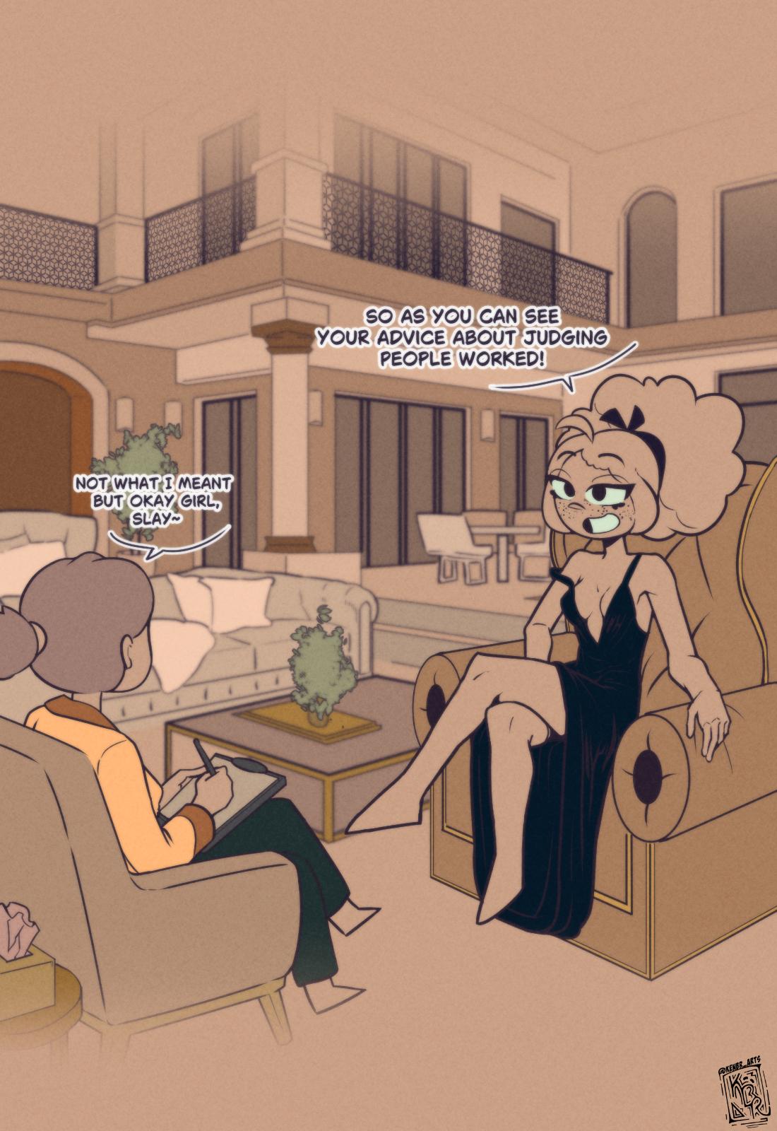 black dress, brio animations, kenbr arts, mansion, rich female, therapist