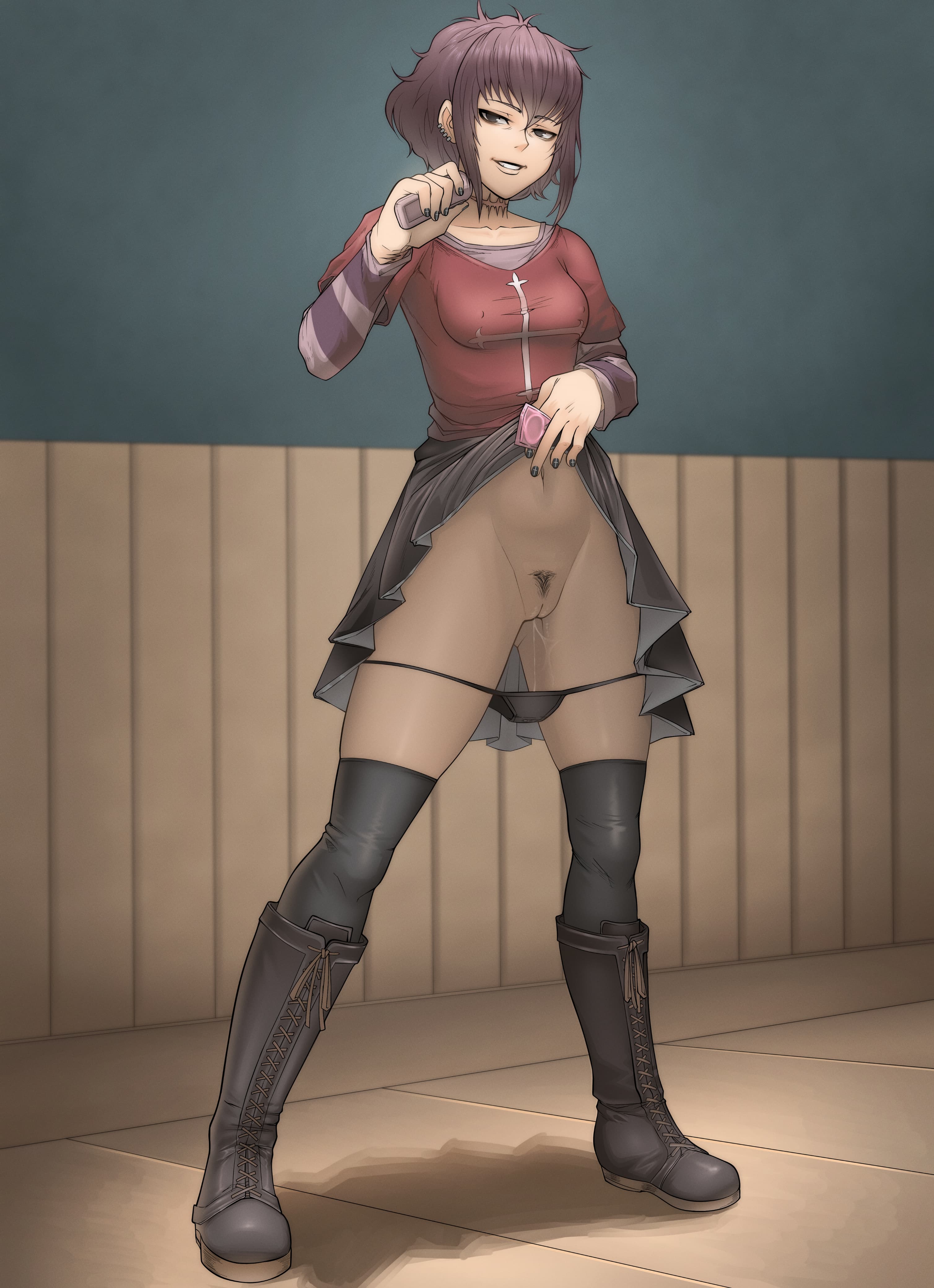 1girls, bags under eyes, black footwear, black lagoon, black nails, black panties, black pubic hair, black skirt, black thighhighs, boots, breasts, calf boots, cleft of venus, clothes lift, commission, condom, condom wrapper, covered erect nipples, cross-laced footwear, ear piercing, electrolarynx, erodrunky, female, female pubic hair, fingernails, flashing, flashing pussy, frederica sawyer, full body, goth, goth boots, goth fashion, goth girl, grin, grool, half-closed eyes, highres, holding, holding condom, horny female, knee boots, lace-up boots, layered sleeves, legs apart, lifted by self, lips, long sleeves, looking at viewer, nail polish, navel, nipple bulge, over-kneehighs, panties, panties down, panty pull, petite, piercing, presenting, pubic hair, purple hair, pussy, pussy juice, pussy juice down legs, pussy juice drip, pussy juice string, pussy juice trail, scar, scar on neck, seductive, shaped pubic hair, short hair, short over long sleeves, short sleeves, skirt, skirt lift, skirt lifted by self, small breasts, smile, solo, standing, thighhighs, uncensored, underwear, vulva, watermark