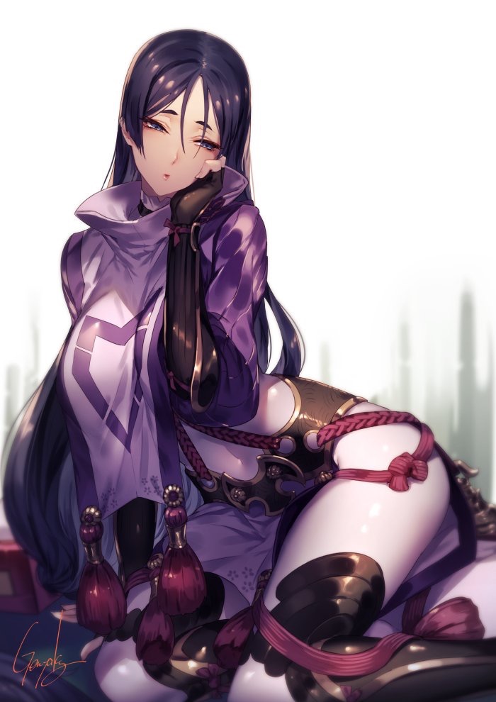 artist request, breasts, fate (series), fate/grand order, female, female only, huge breasts, long hair, looking at viewer, minamoto no raikou (fate/grand order), purple hair, shiny, shiny skin, sitting, thighs