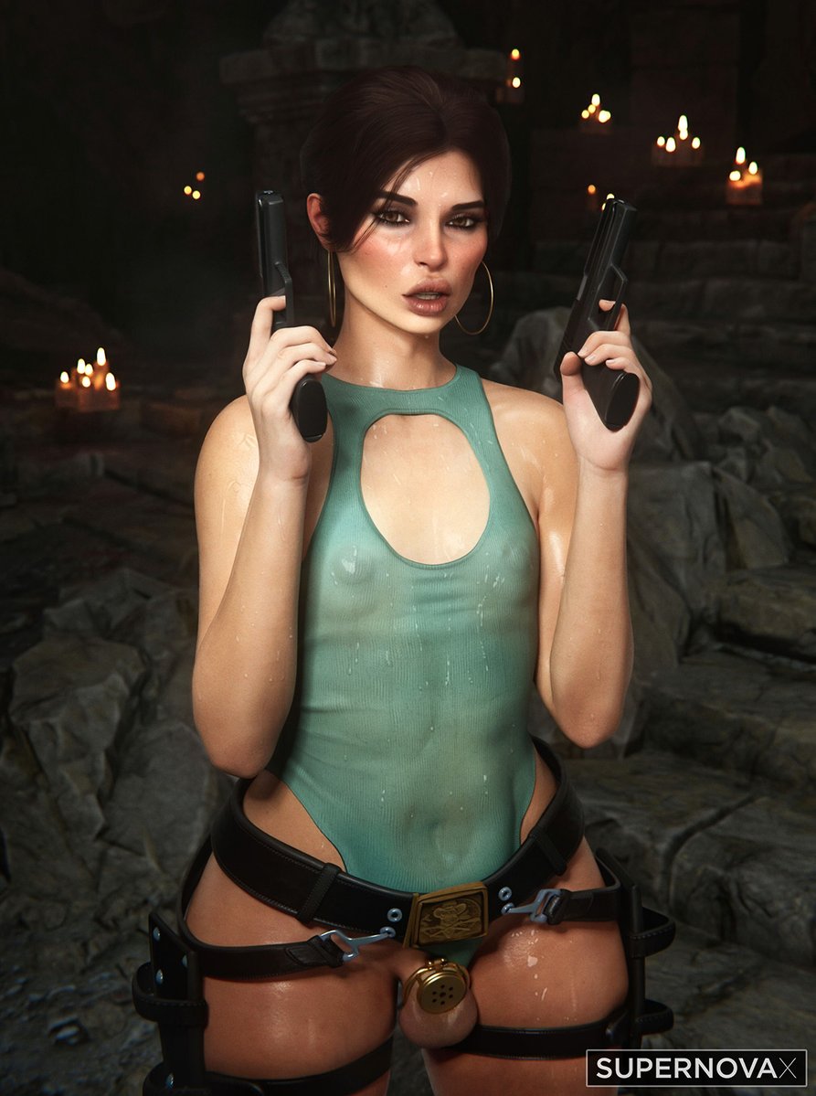 1boy, 3d, 3d (artwork), bottomless, chastity cage, chastity device, femboy, flat chastity cage, flat chastity device, genderswap (ftm), lara croft, male, male breasts, male only, male with breasts, nipples visible through clothing, otoko no ko, otokonoko, rule 63, sissy, solo, supernovax, tomb raider