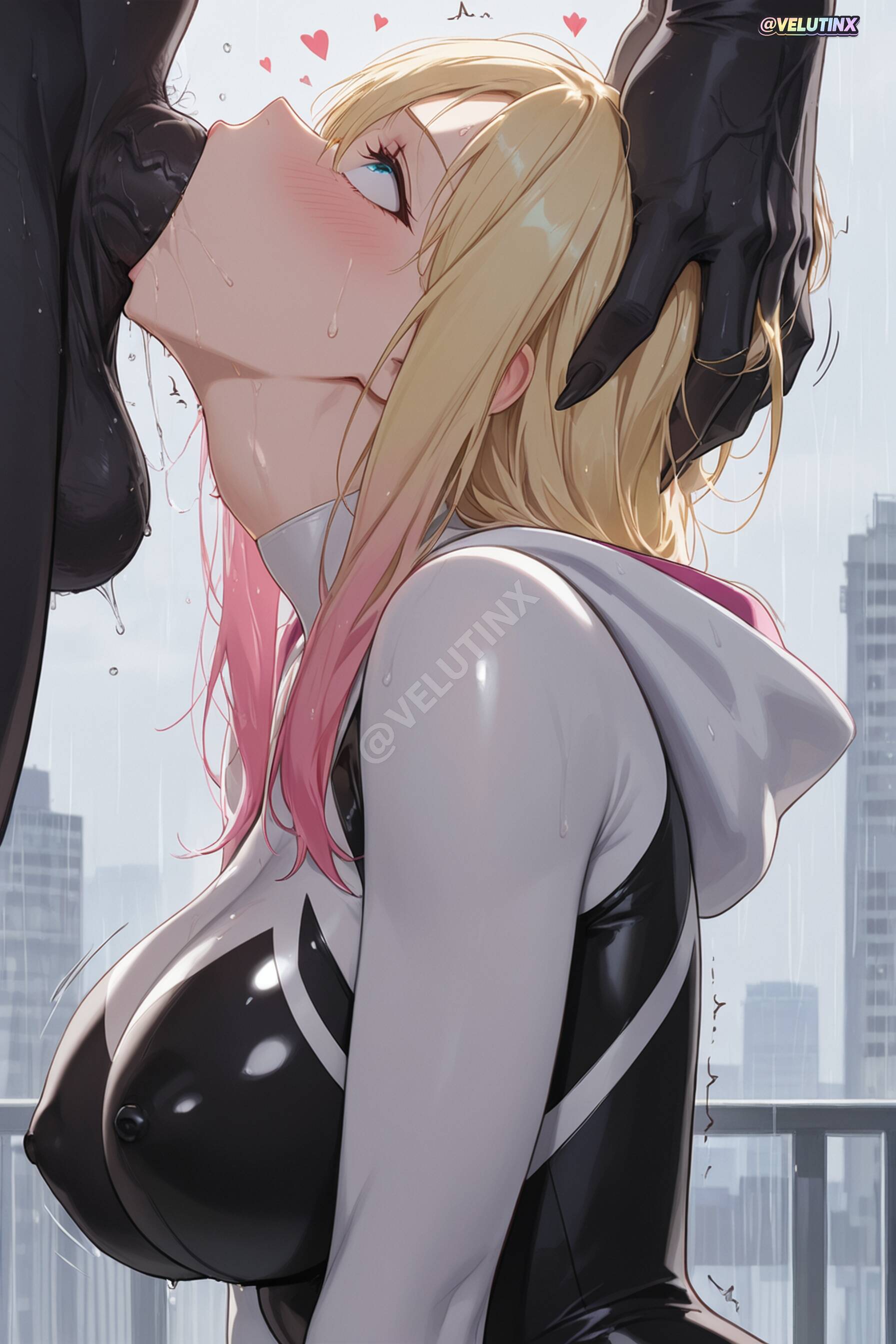 1girls, ai generated, asymmetrical hair, bangs, big breasts, black bodysuit, blonde hair, blue eyes, blush, bodysuit, breath, bursting breasts, busty, cleavage, clothed female nude male, covered navel, covered nipples, dark skin, deepthroat, erection, eyebrow piercing, fellatio, from side, grabbing another's hair, gradient hair, hair between eyes, hand on another's head, head grab, head tilt, heart-shaped pupils, heavy breathing, hetero, hood down, hoodie, hourglass figure, hourglass figured female, huge breasts, huge cock, huge penis, impossible clothes, interracial, irrumatio, large breasts, large penis, long hair, long sleeves, looking up, makeup, marvel, mature, mature female, motion lines, multicolored hair, open mouth, oral, outdoors, paid reward available, penis, piercing, pink hair, rain, rolling eyes, saliva, saliva drip, saliva on face, saliva on tongue, saliva string, saliva trail, shiny hair, shiny skin, short hair, skin tight, skindentation, soft breasts, solo focus, spider web print, spider-gwen, spider-man (series), standing, sweat, sweating, sweaty, sweaty body, tears, testicles, thick penis, trembling, two tone hair, two-tone hair, uncensored, undercut, upper body, veins, veiny penis, velutinx, venom (marvel), visible breath, watermark, wet body, wet clothes, wet skin