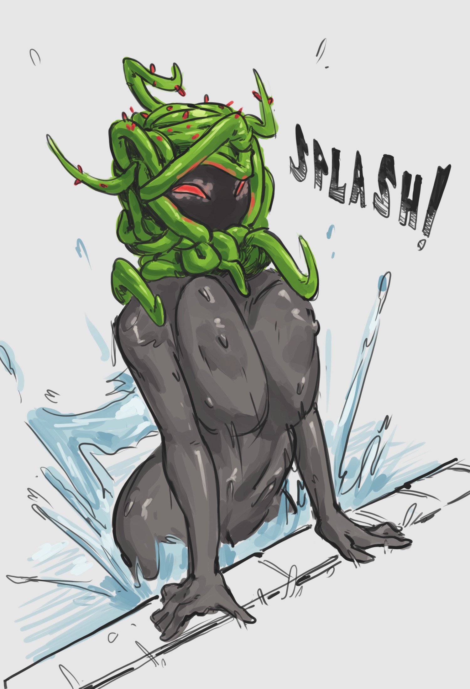 1girls, big breasts, fasstart, grey skin, humanized, plant girl, plants vs zombies, pool, popcap games, red eyes, tangle kelp (pvz)