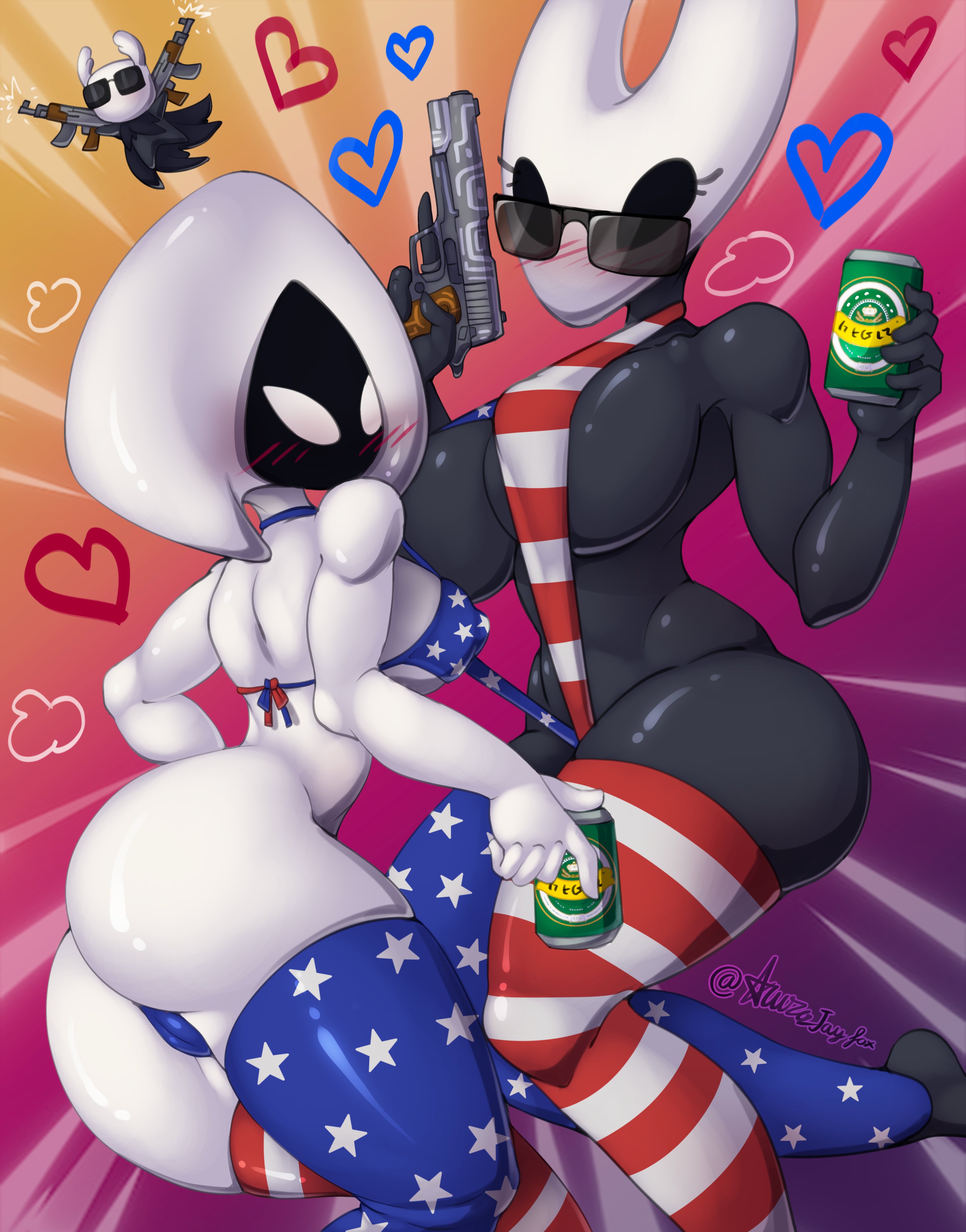 4th of july, american flag bikini, azura inalis, big breasts, bikini, black body, blush, hollow knight, hollow knight (franchise), hollow knight: silksong, hornet (hollow knight), insect girl, insect humanoid, lace (hollow knight), protagonist (hollow knight), sling bikini, stars and stripes, the knight (hollow knight), white body