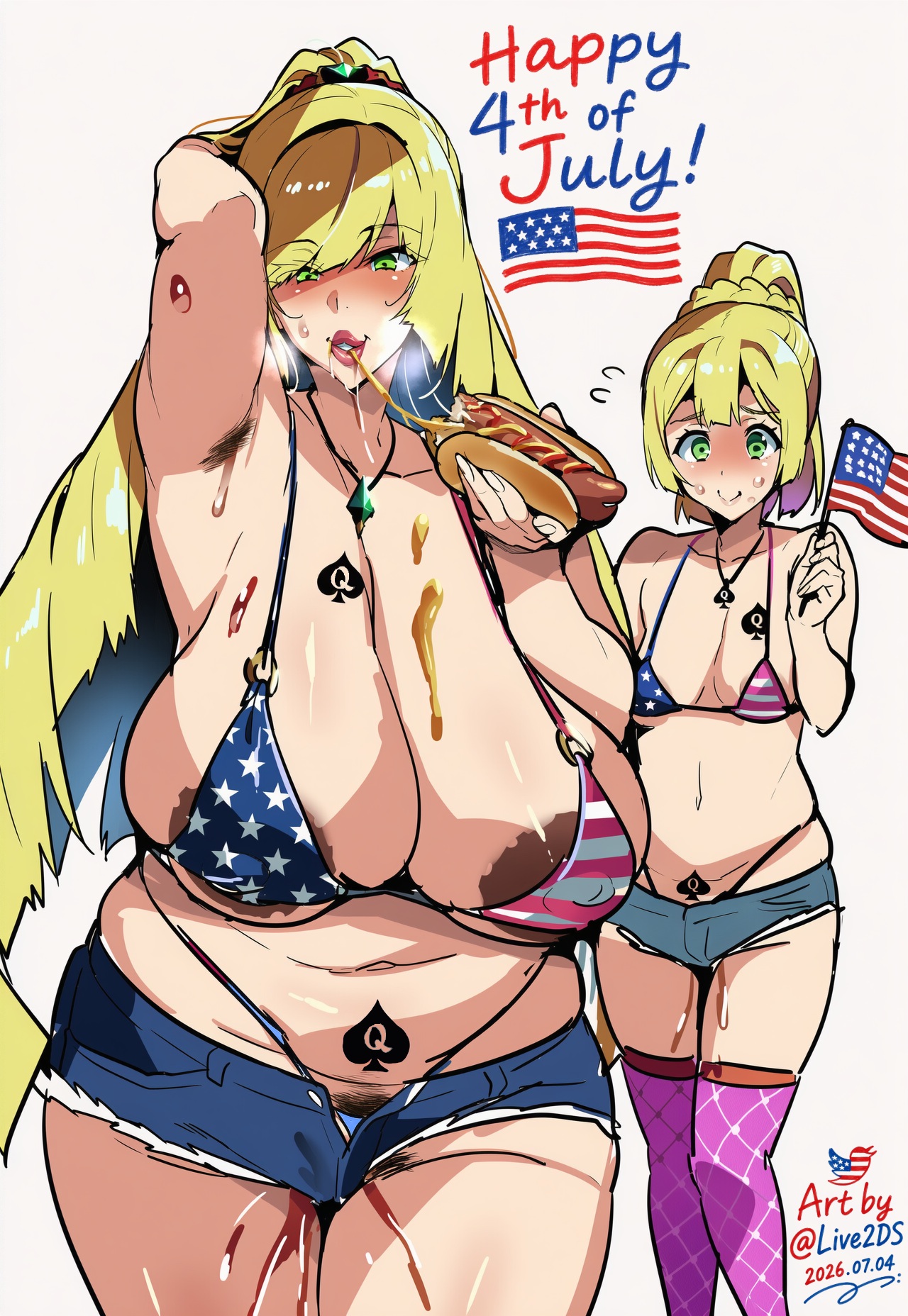 2026, 2girls, 4th of july, american flag, american flag bikini, big breasts, bikini, blank background, blonde hair, breasts, denim shorts, female only, fourth of july, green eyes, hot dog, huge breasts, lillie (pokemon), live2ds, long hair, lusamine (pokemon), medium breasts, mother and daughter, pokemon, pokemon sm, queen of spades, signature, small breasts, thick thighs, thighhighs, thighs, thong, white background